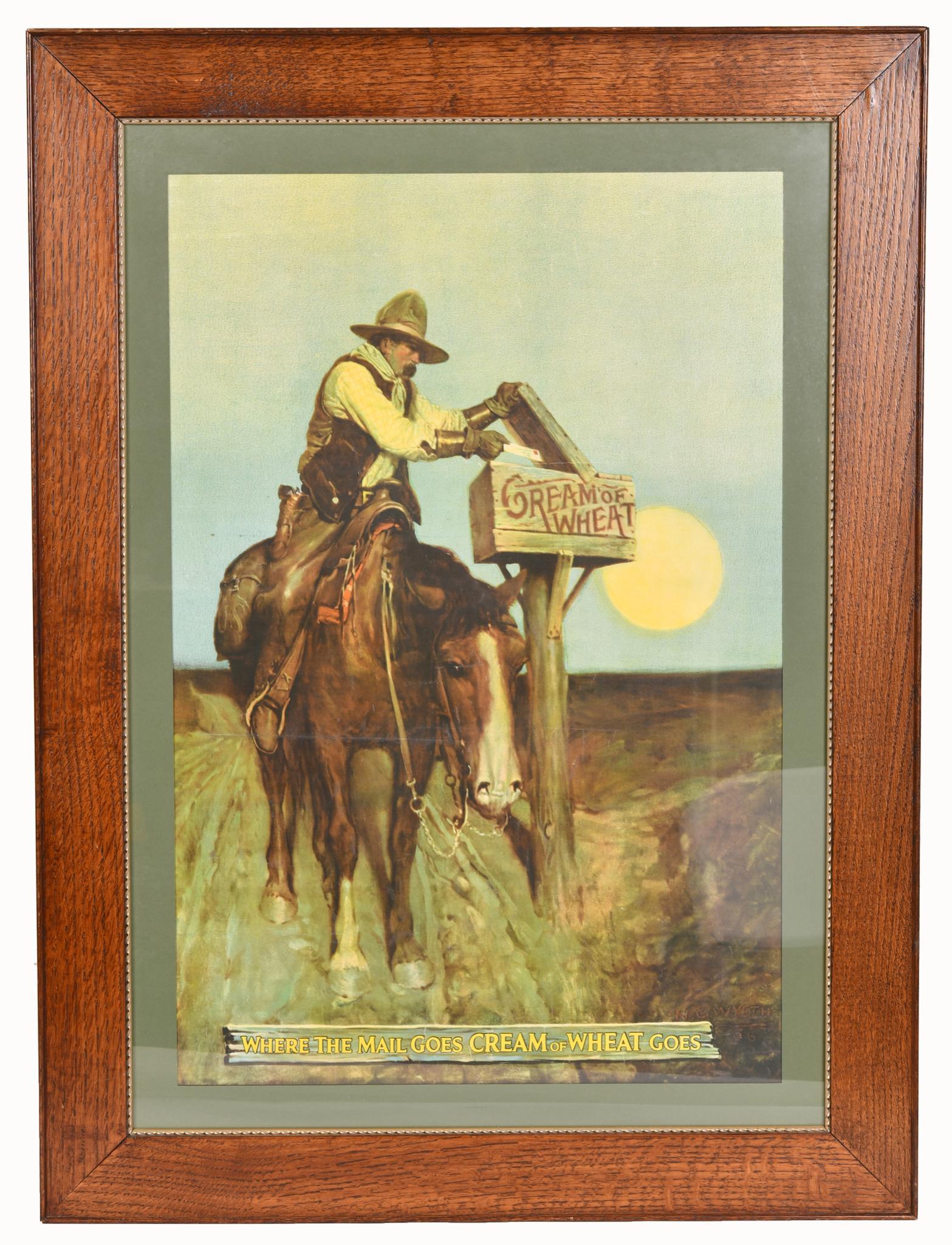 Cream of Wheat "with Cowboy getting the mail" Poster: Has good color, shows minor wear and marks, has been mounted on foam board, nice oak frame, 38.5"x28.5", Good condition. 7.5