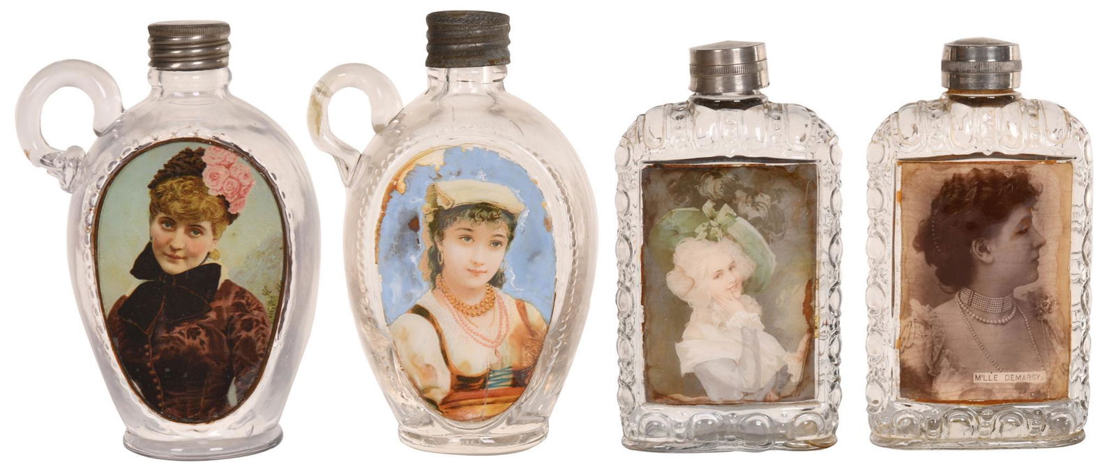 4 Label Under Glass Whiskey Flasks: All have good color, all have some minor damage to the labels, bottles are good, 6" tall. Good to Very Good