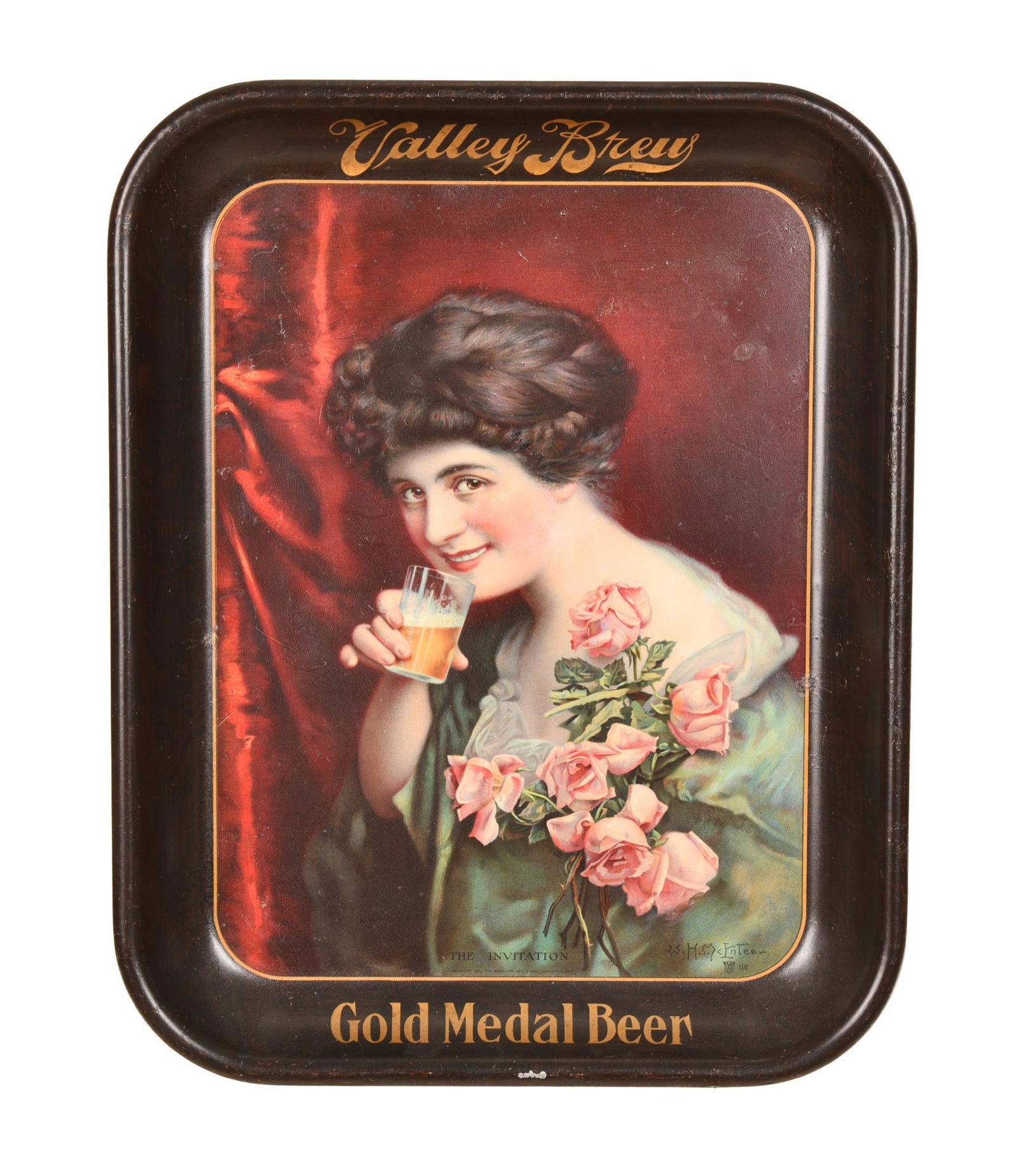 Valley Brew Gold Tin Beer Metal Serving Tray w/Lady (1 of 2)