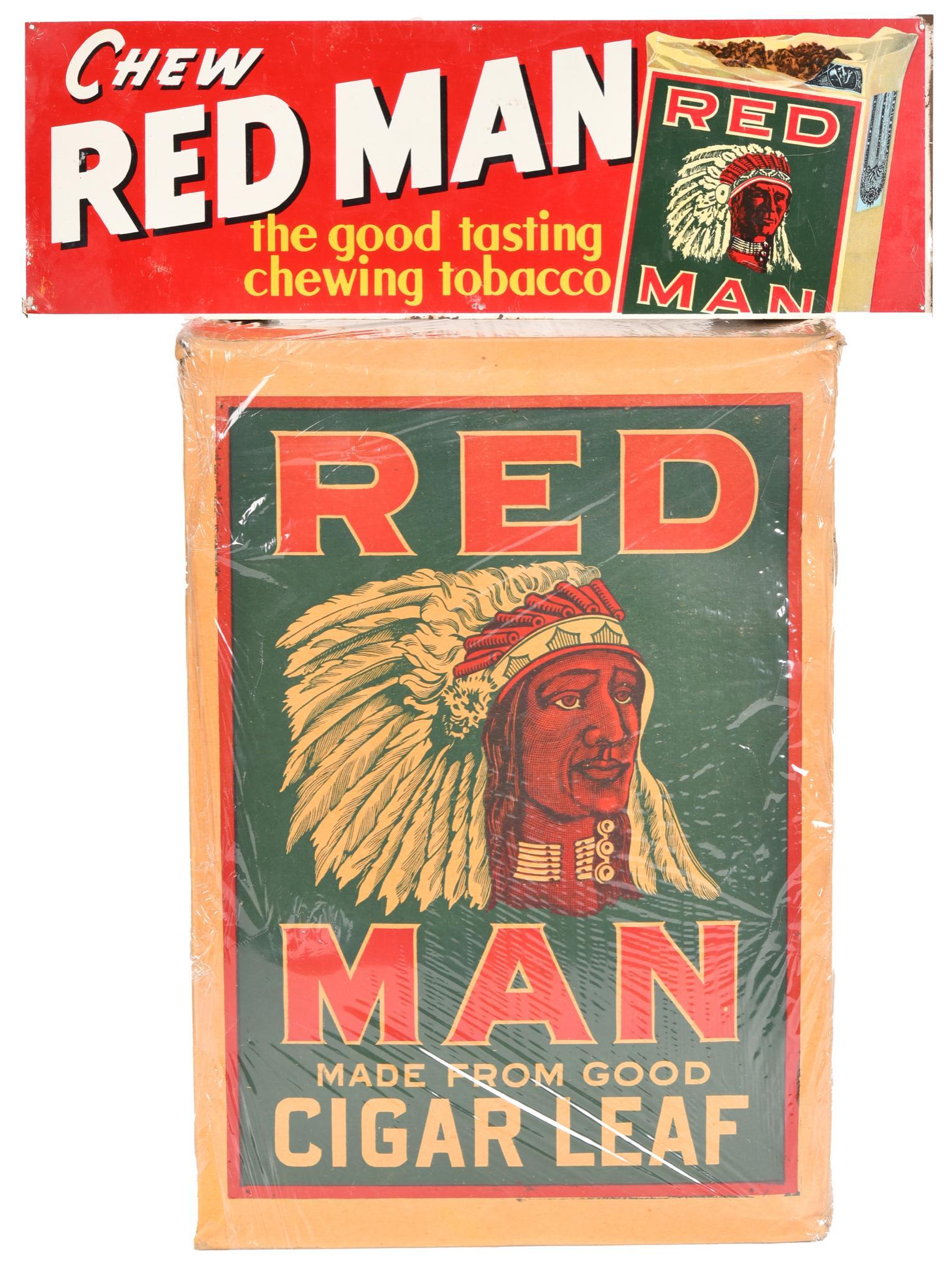 Red Man Tobacco Tin Sign & Store Display Box: Sign has excellent color, has light wear, 5"x15", Rated 8.5, box has good color, has some wear, 15"x10"x7" Rated 7.5