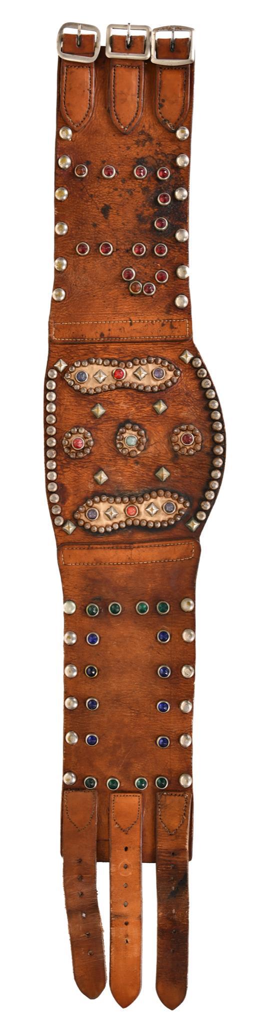 Leather Kidney Belt with Jewels & Stubs: Leather is in good condition has been kept conditioned, has metal and jeweled studs, 7"x36". Very Good Condition.