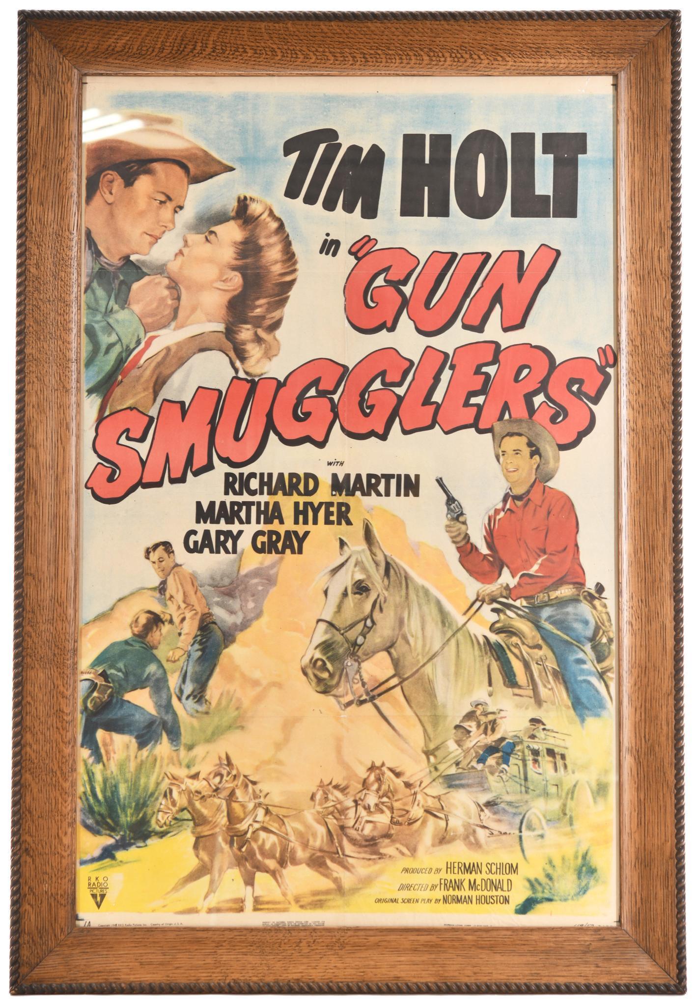 1948 Tim Holt in "Gun Smugglers" Movie Poster: Has fold marks with damage at folds, good color, nice oak frame, 46'x31, rated 7