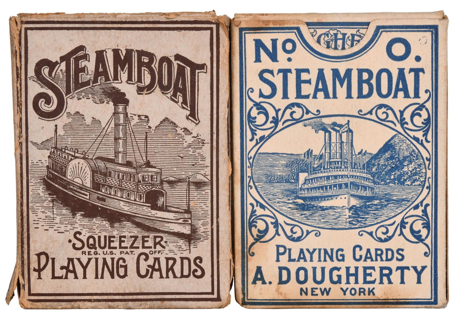 2-Steamboat Playing Cards No. 0 & Squeezer: In good condition, both decks have some minor play wear. 3.5"x2.5".