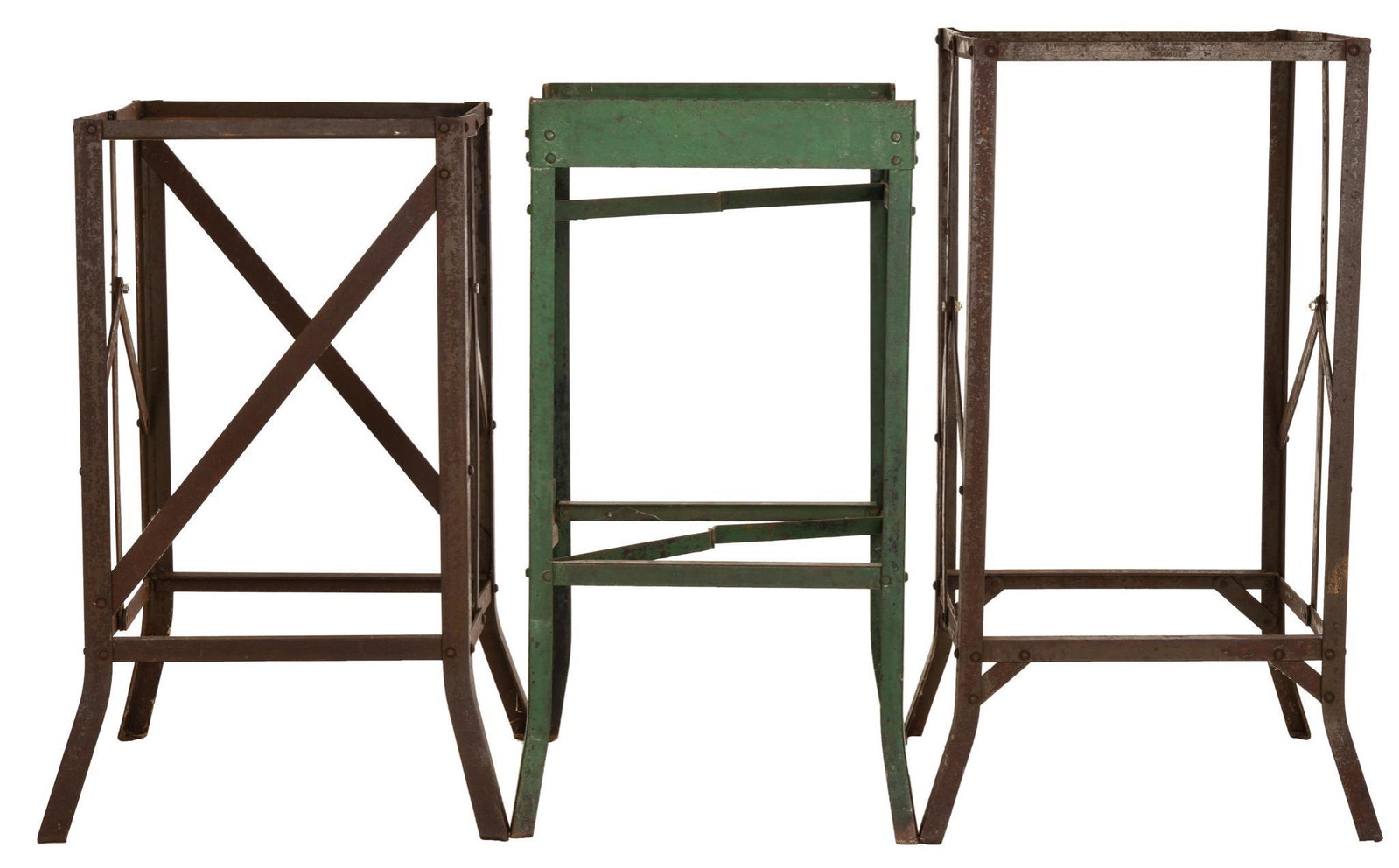 3-Metal Slot Machine Or Trade Stimulator Stands: Show some wear, collapsible, "Getaway Stands", repainted, 33"x18"x18"