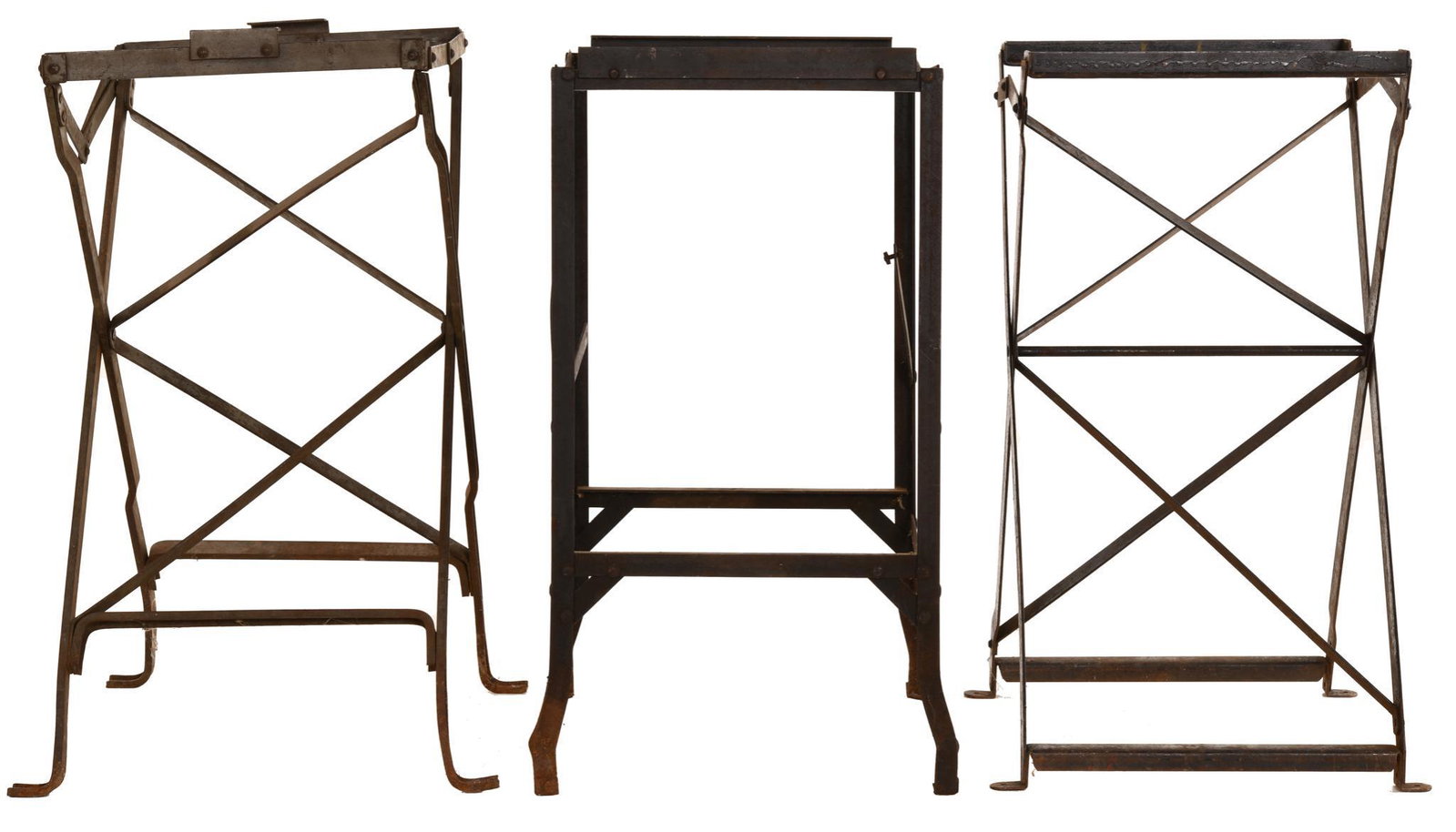 3-Metal Slot Machine Stands: Show some wear, collapsible, "Getaway Stands", repainted, 33"x18"x18"