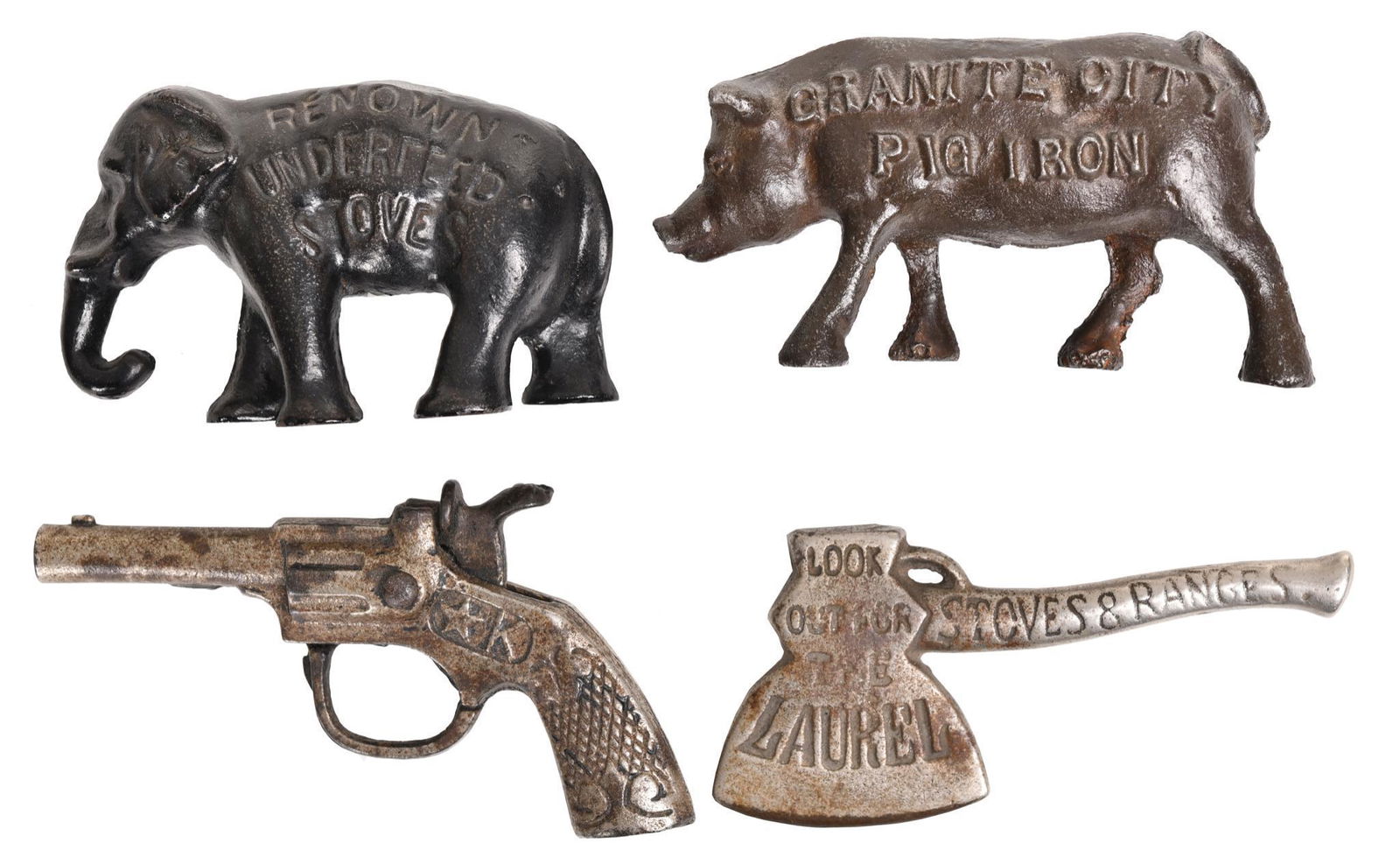 4-Figural Cast Iron Pieces. Some Advertising: Granite City Pig Iron, Independent Stove Co, Laurel Stoves and Range, has PAL cap gun, all in good condition, 2" tall. All Very Good Condition.