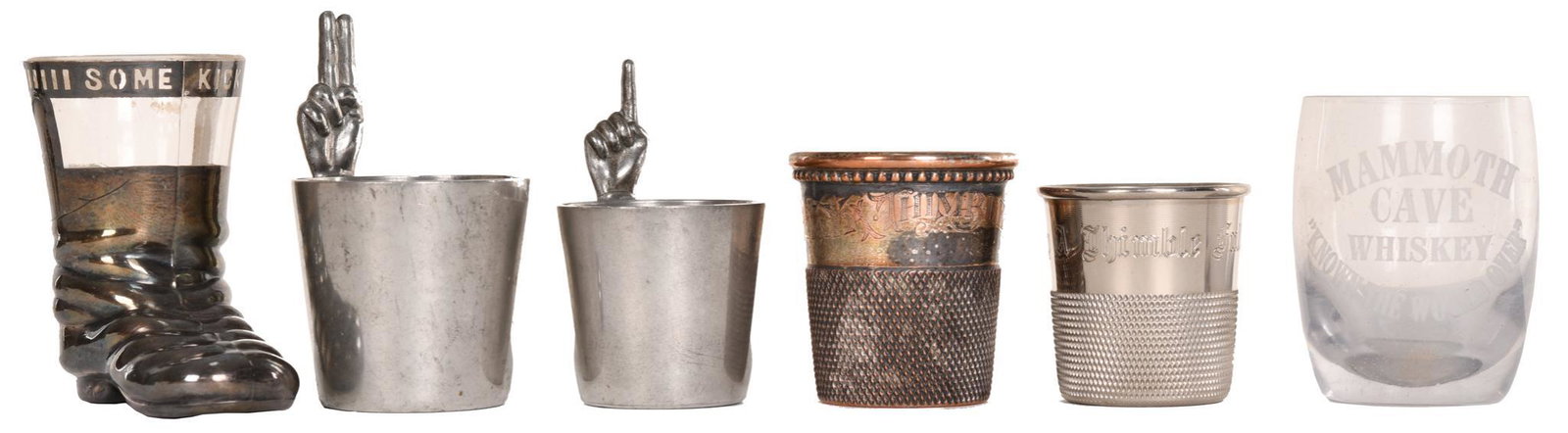 6-Miscellanous Glass & Metal Shot Glasses: All in very good condition, 3" tall or less in size.
