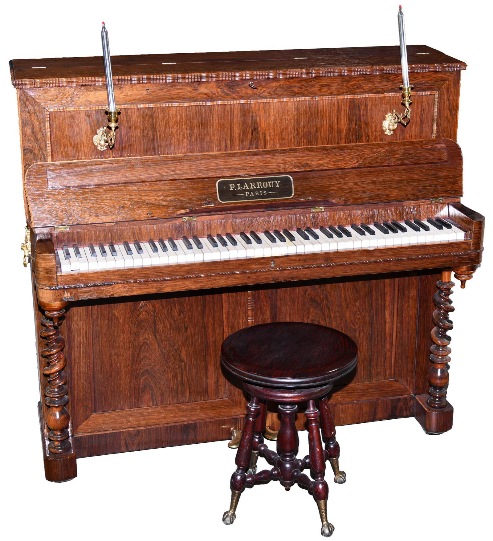 P. Larrouy Upright Piano With Stool: It is in good condition showing light wear throughout. It appears to have been refinished and it needs tuned. Great lloking saloon style piano. 46"x50", Rated refinished
