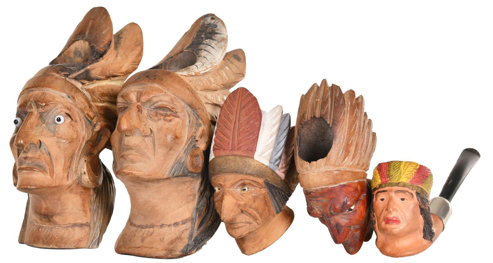 5 Wood Carved Indian Head Tobacco Pipes (1 of 2)