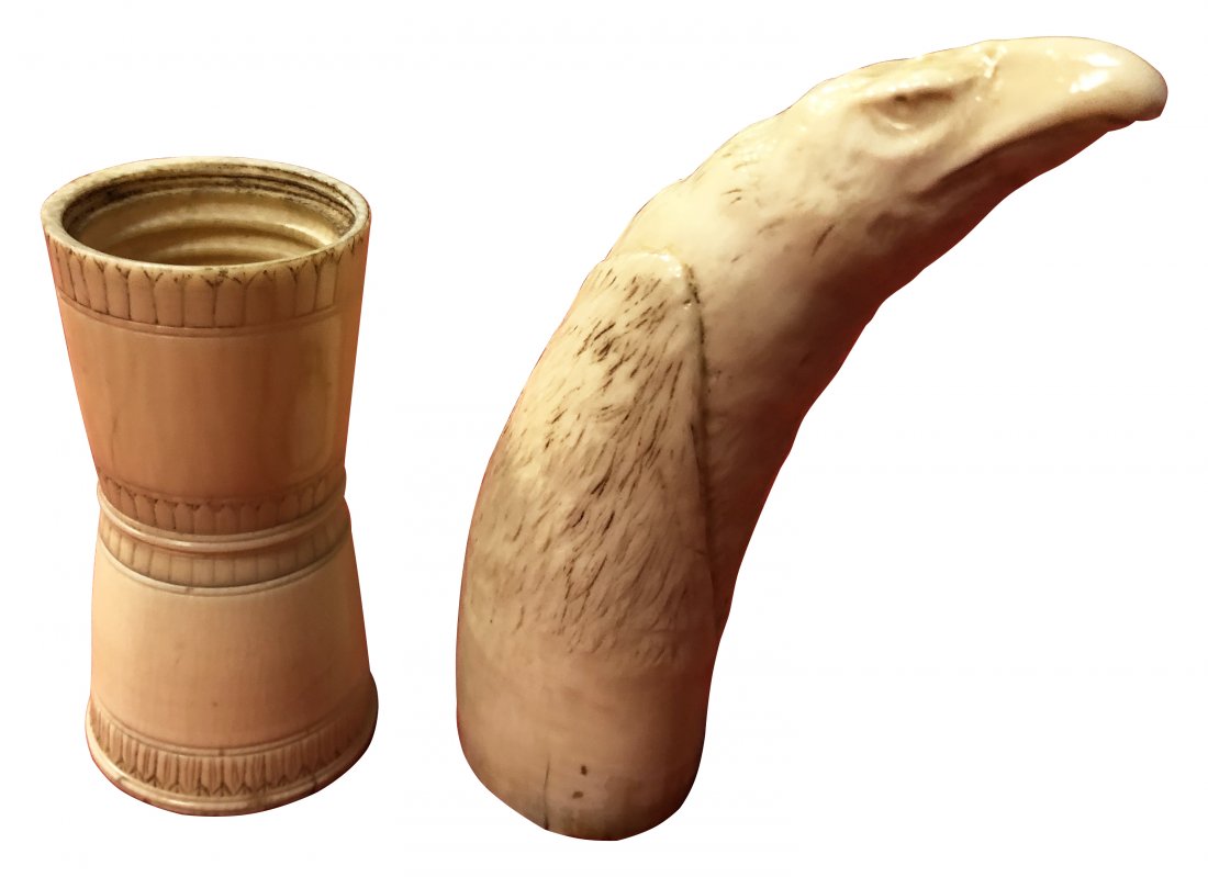 Carved Tooth & Bone Dice Holder: The tooth is carved as an eagles head. The dice holder is missing the lid. Both pieces are very unique and display well. They shows some wear, chipping, cracking, and discoloration. Average overall co