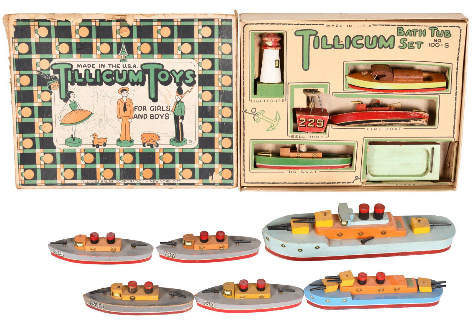 Tillicum Bath Tub Set No. 100-S Wooden Boats: In this set the toys have been played with and show wear, also comes with six loose boats, all have good color, all have wear, box has damage