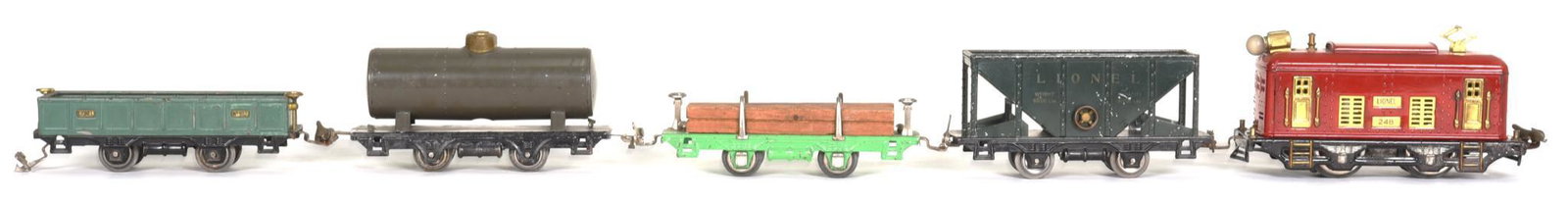 Lionel 248 O Gauge Electric Locomotive (type VIII): 0-B-0 red body and rubber stamp yellow insert, shows wear, also #803 ore car, #804 tanker, #907 gondola, #831 flat car, display well