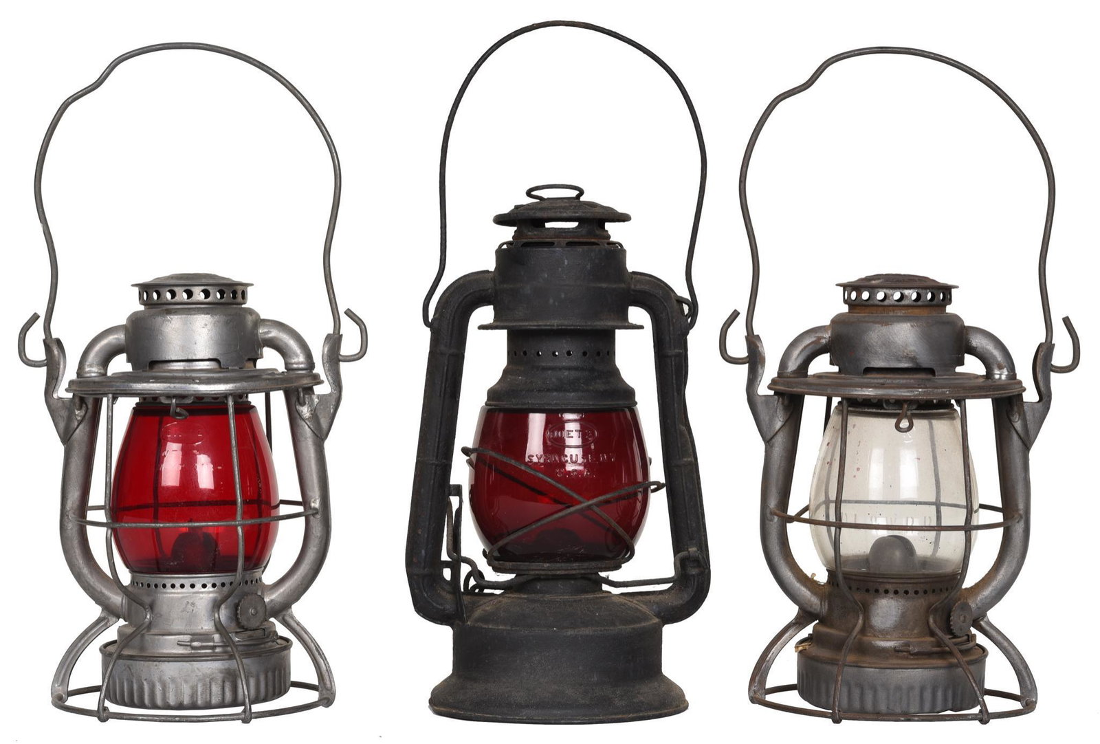 3-Railroad Lanterns with Red & Clear Globes Not Marked (1 of 9)