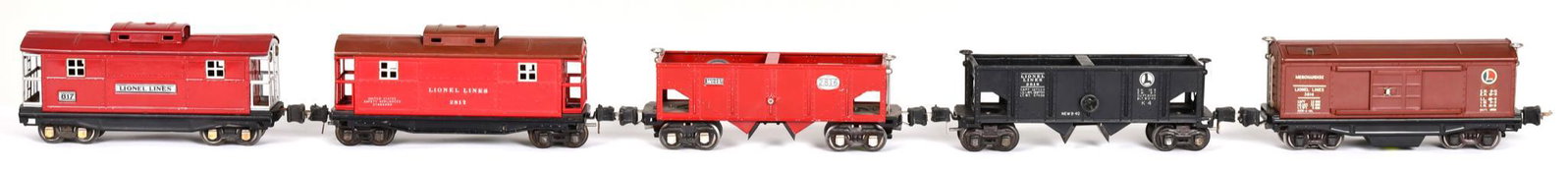 5-Lionel O Gauge Cars 2-2816, 817, 2817, 3814: All have good color, various conditions, show wear, display well, see photos, 5 cars total
