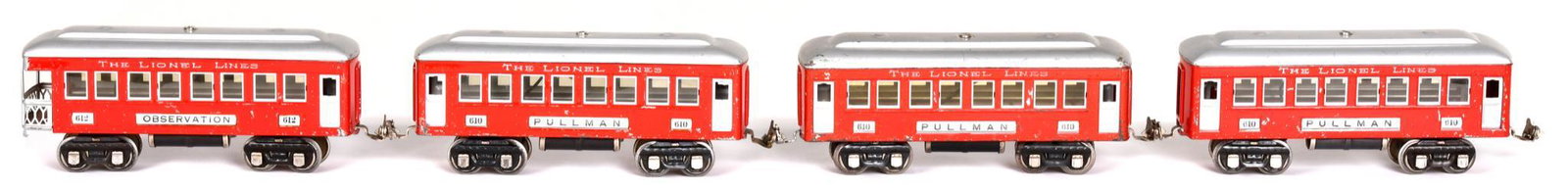 4-Lionel O Gauge Cars, 3-610 Passenger, 612 Observation: All have good color, various conditions, show very light wear, display well