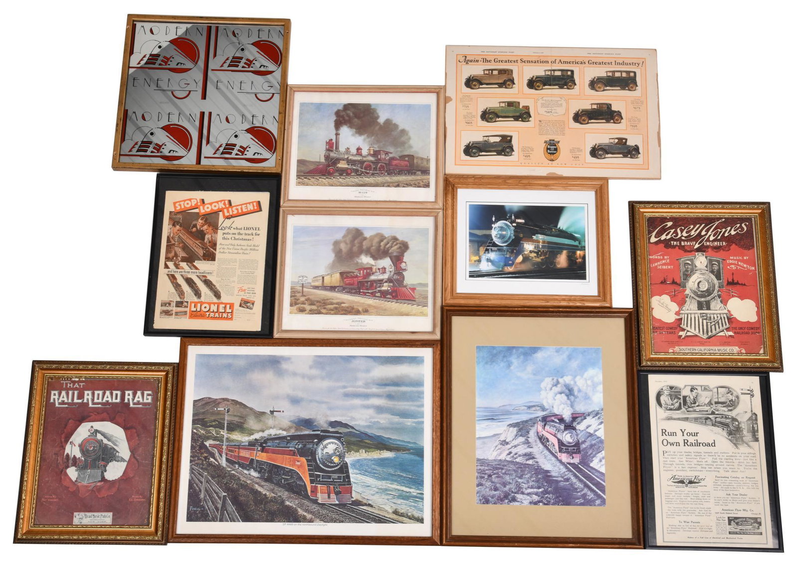 11-Framed Railroad Prints, Sheet Music and More: All in good condition, 20"x26" or less in size