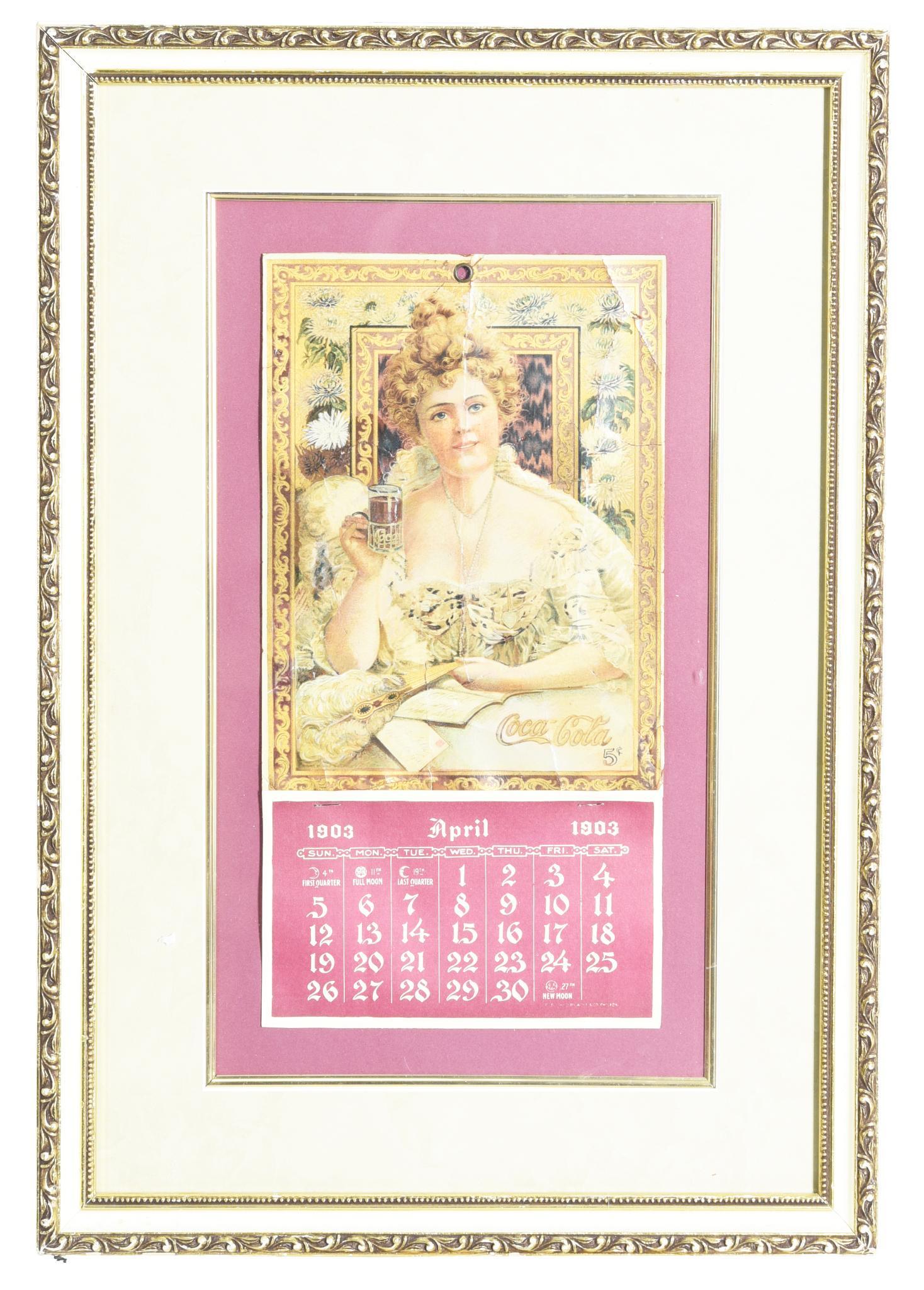 1903 Coca-Cola Calendar w/Hilda Clark: Paper calendar, has crease and breaks, has been repaired, calendar pad is new, has been framed, 25"x16", rated 5.5