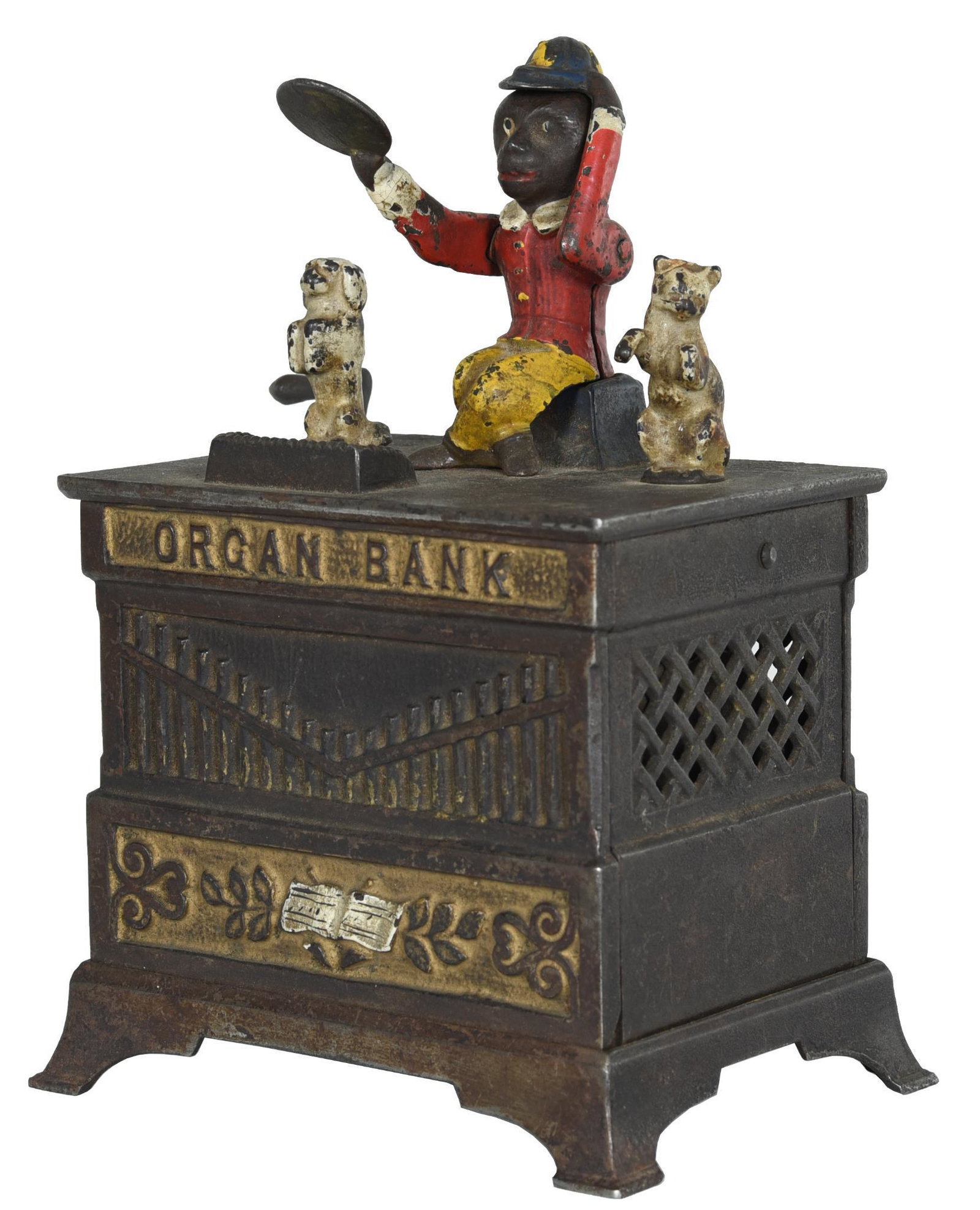 Organ Grinder Mechanical Bank: In good working condition, has paint wear, does have it's trap, 7.5"T., rated 7