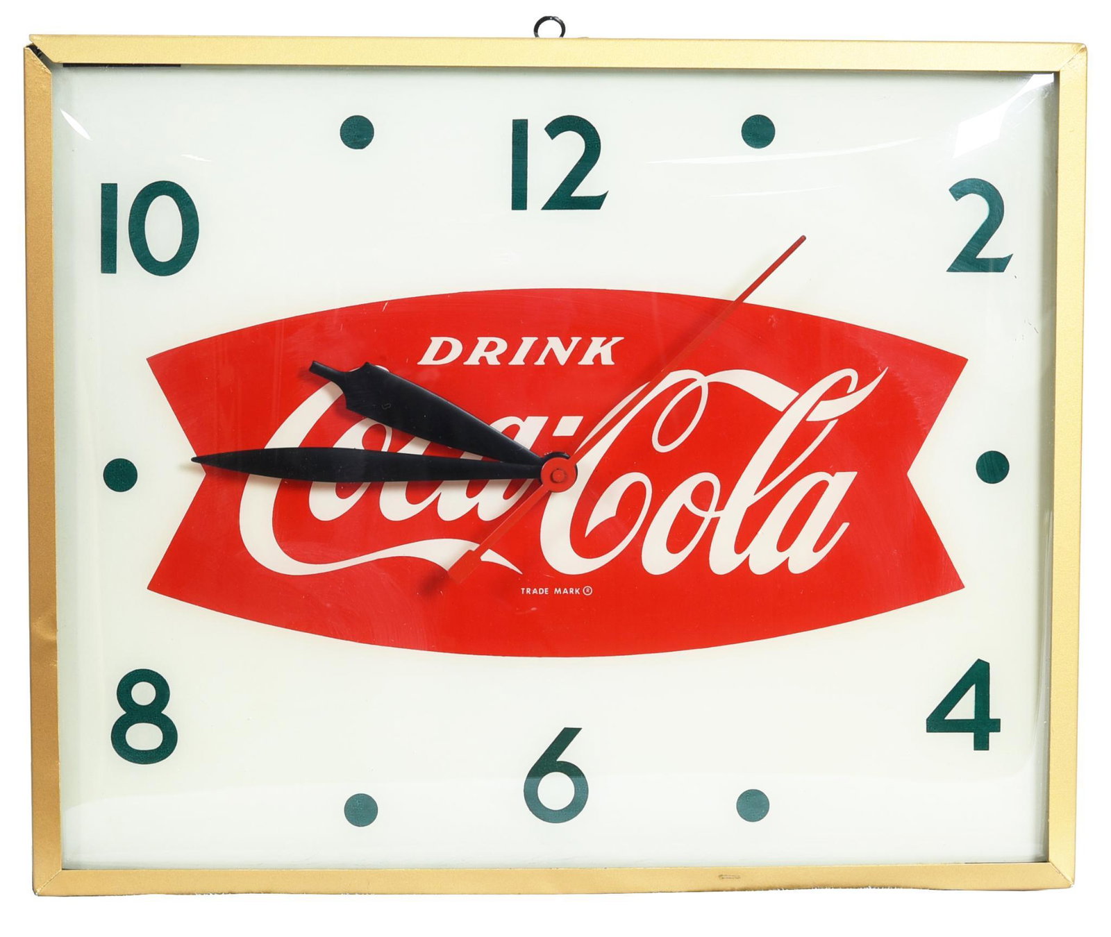 Drink Coca-Cola in Fish Tail Logo Lighted Clock: In very good condition, in working condition, shows very light wear, displays well, very nice example of this clock, 13.5"x16"x4", rated 9+