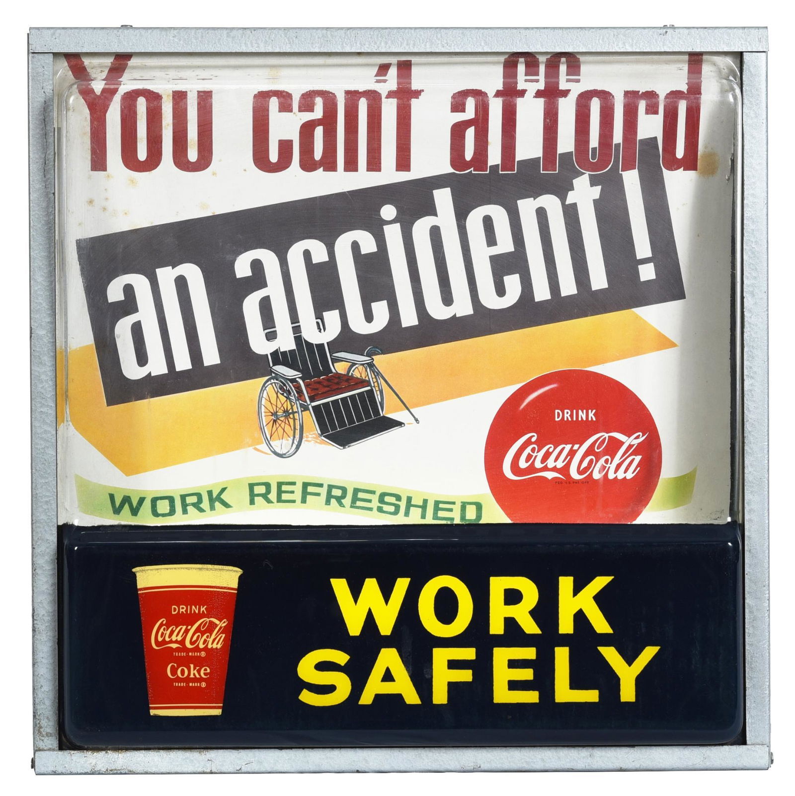 Coca-Cola Light Box "Work Safely" w/Paper Cup: In very good condition, lights up nicely, the metal box has a Havover Neon decal, shows light wear, 16"x16"x3.5", rated 9