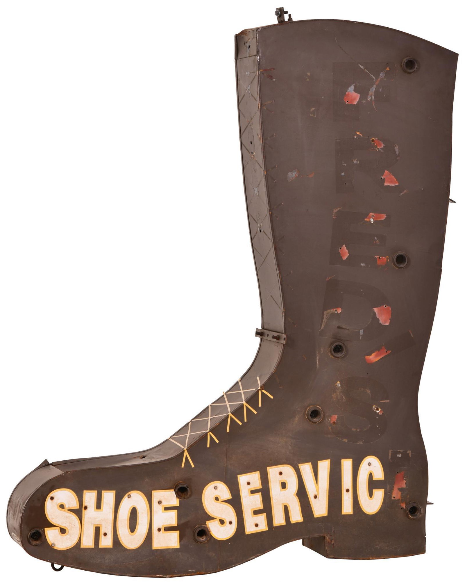 Fred's Shoe Service Metal Neon Sign: 2-SST diecut boot shaped sign, mounted on it's original metal can, shows wear and scratches, no neon tubing, is marked Jon's Sign, 69"x54"x 10", rated 7.25