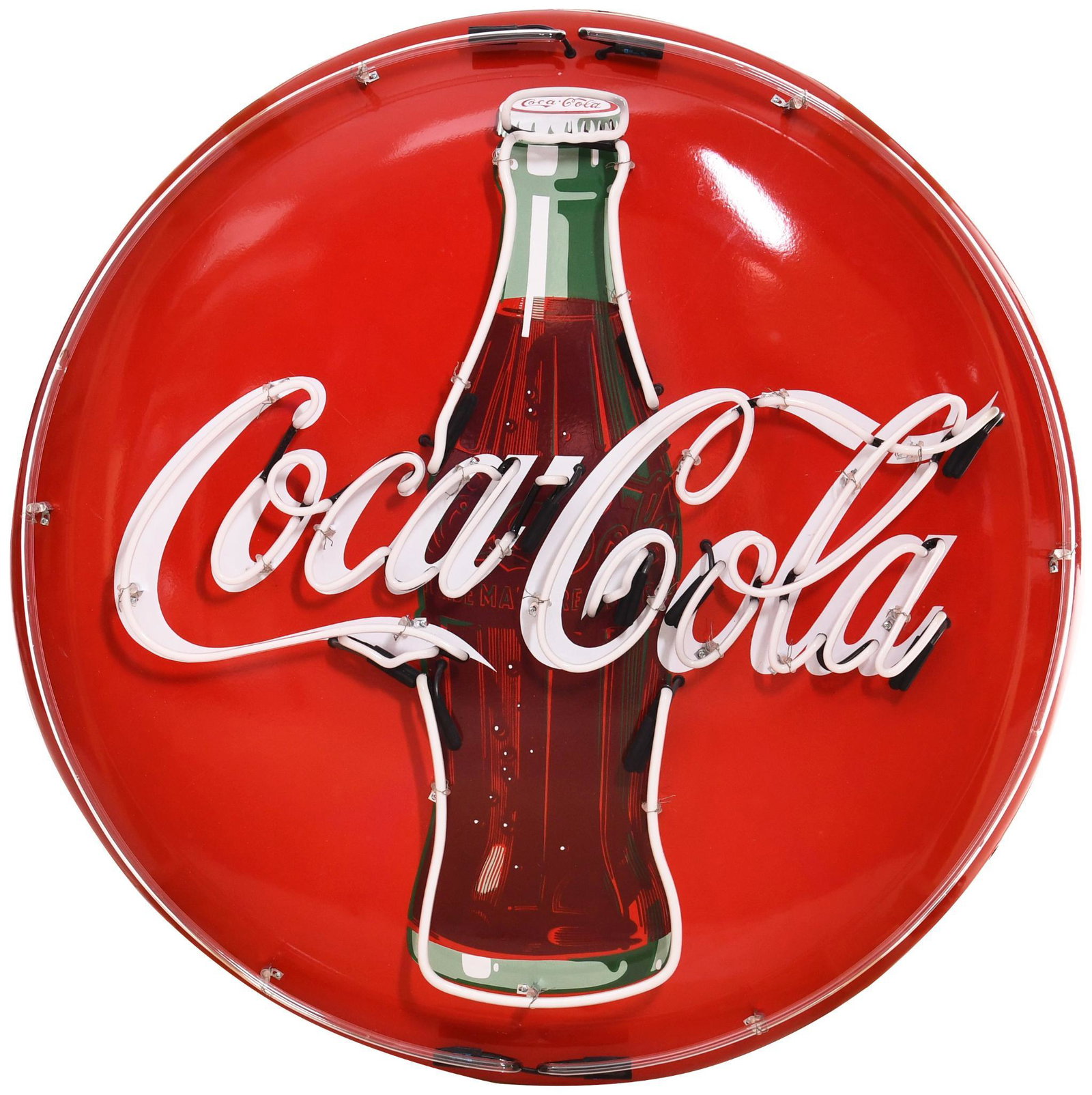 Coca-Cola Porcelain Button w/Bottle Neon Added: SSP button sign, working condition, has excellent gloss and color, has small chips in the bottom, is mounted on a new metal can with neon added, 48"x48"x14", rated 8.5