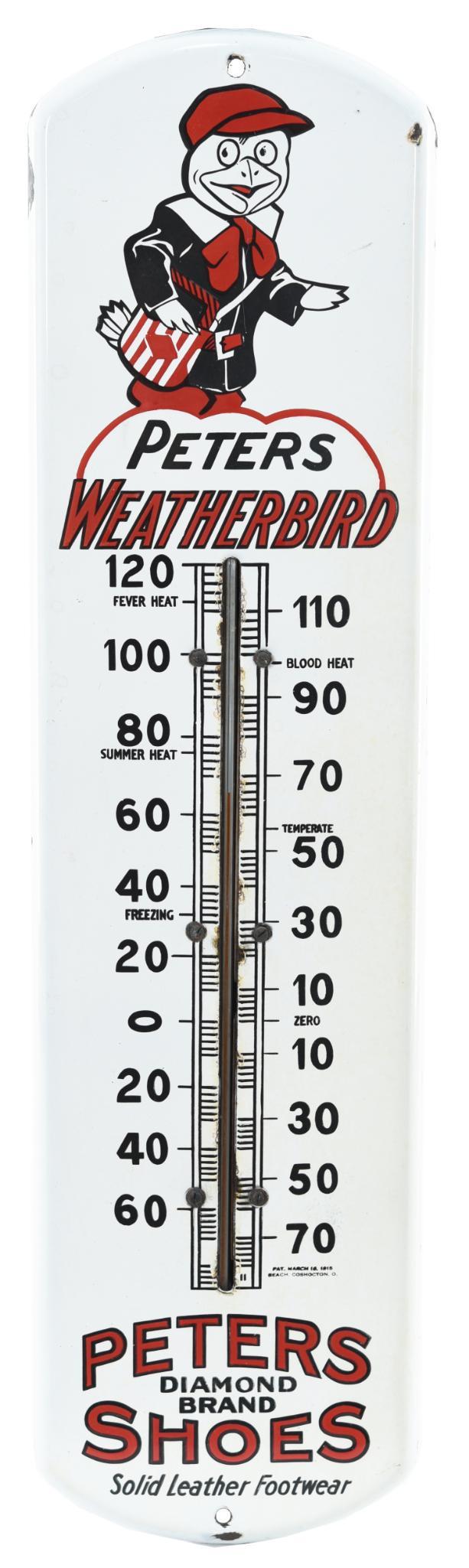 Peters Weatherbird Shoes Porcelain Thermometer: Porcelain thermometer, has excellent gloss and color, has tiny chips around the tube, tube is good, tiny chip at bottom point, 27"x7", rated 8.75