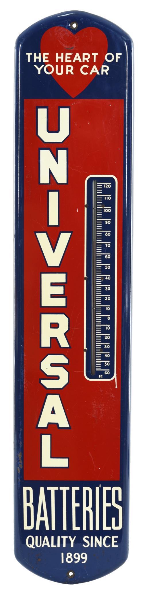 Universal Batteries "The Heart of Your Car" Thermometer: Metal thermometer has good color and shine, tube is good, has light wear and fine scratches, 39"x8", rated 8