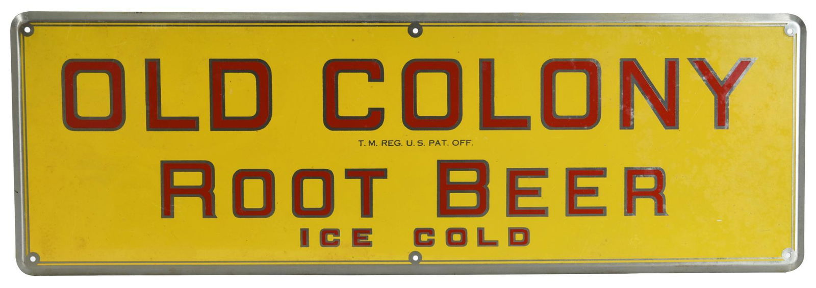 Old Colony Root Beer Ice Cold Metal Sign: SST sign, has excellent color and shine, nice, 7"x21", rated 9.5