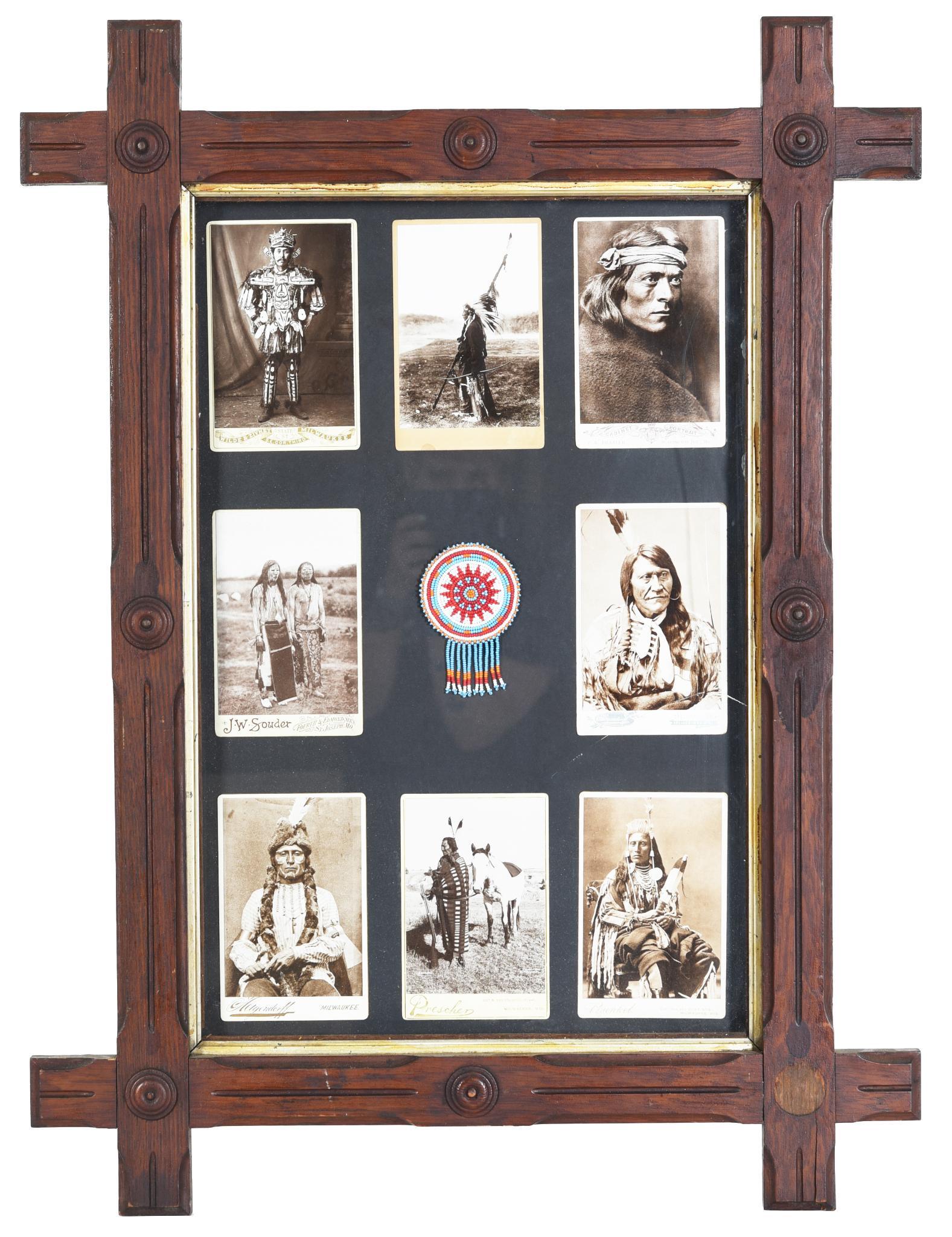 8-Cabinet Cards of Indian Chiefs & Small Beaded: All have been mounted in a shadow box with oak frame, all cards look to be in very good condition, glass has a crack in it, 33"x25"x2.5", rated 9