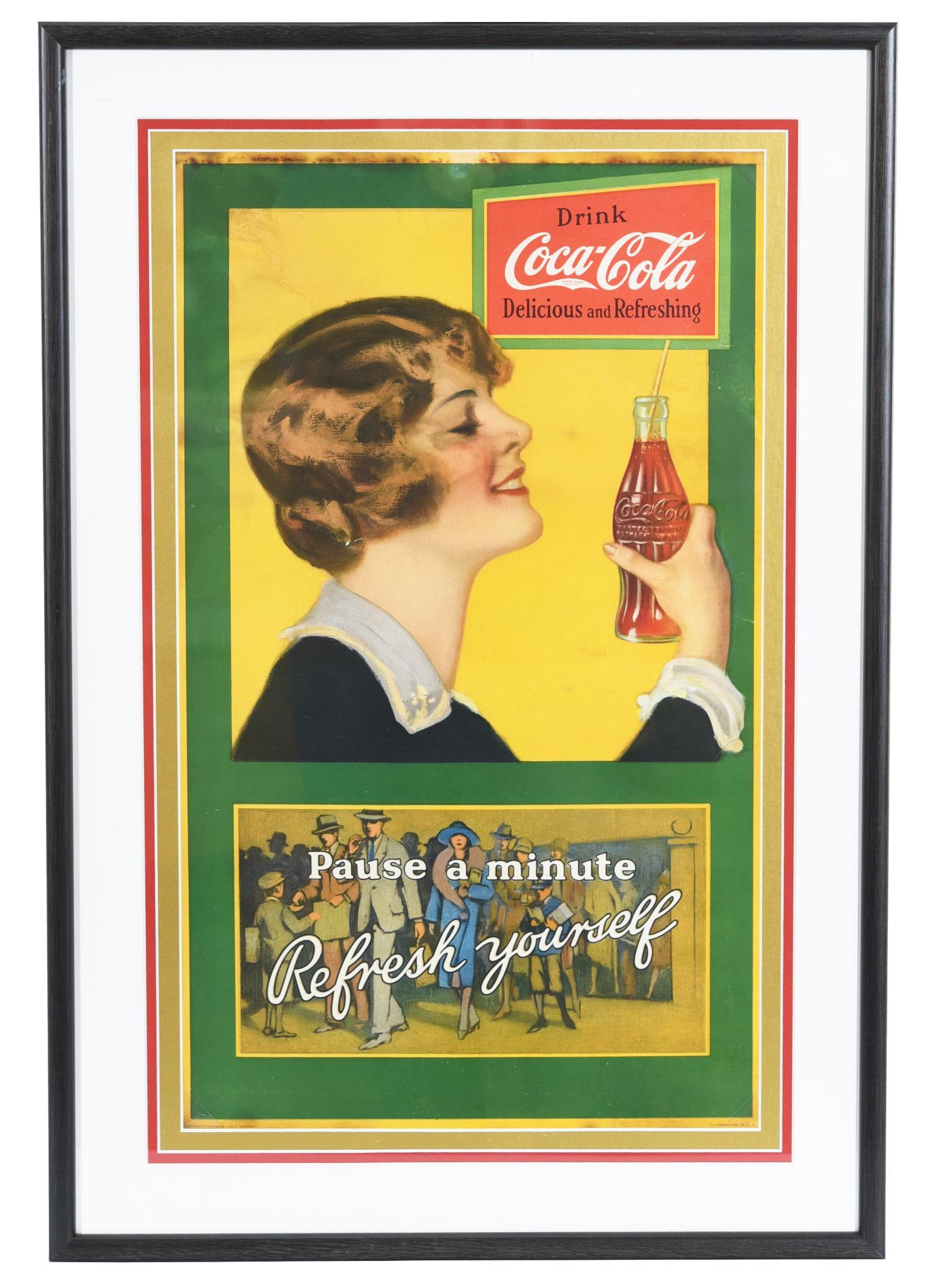 1920s Coca-Cola "Refresh Yourself" Framed Poster: Has good color. Shows some areas of discoloration, wear, and a couple repairs along the top/right side edge. Displays well and is marked The Coca-Cola Company. 25"x17", rated 8
