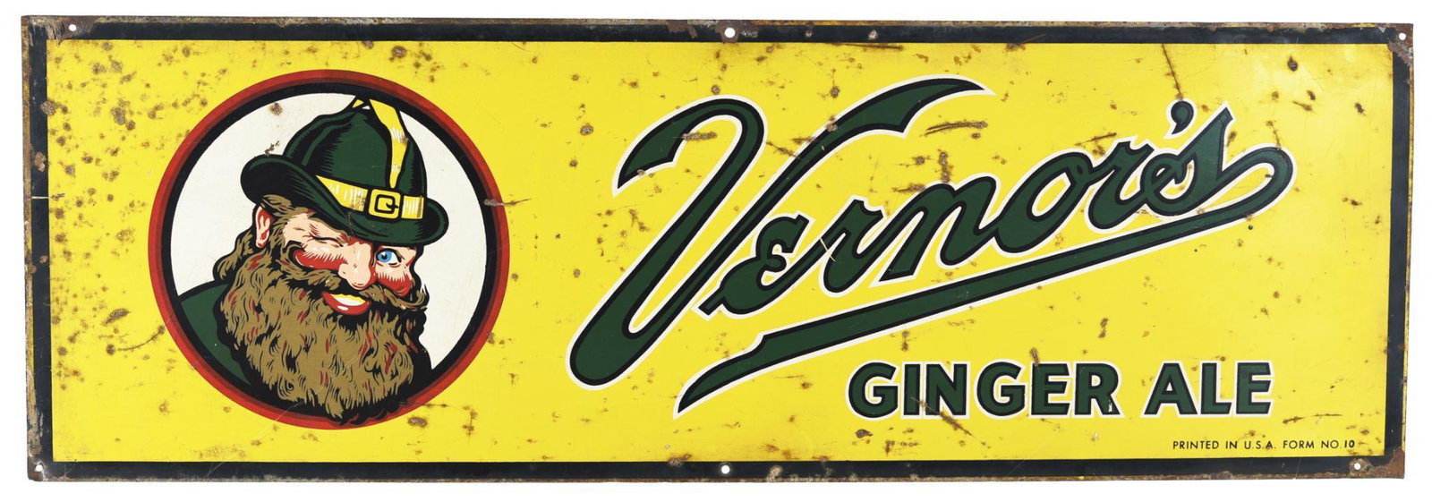 Vernor's Ginger Ale w/Logo Metal Sign: SST sign, shows wear and rust spots, 10"x30", rated 6.75
