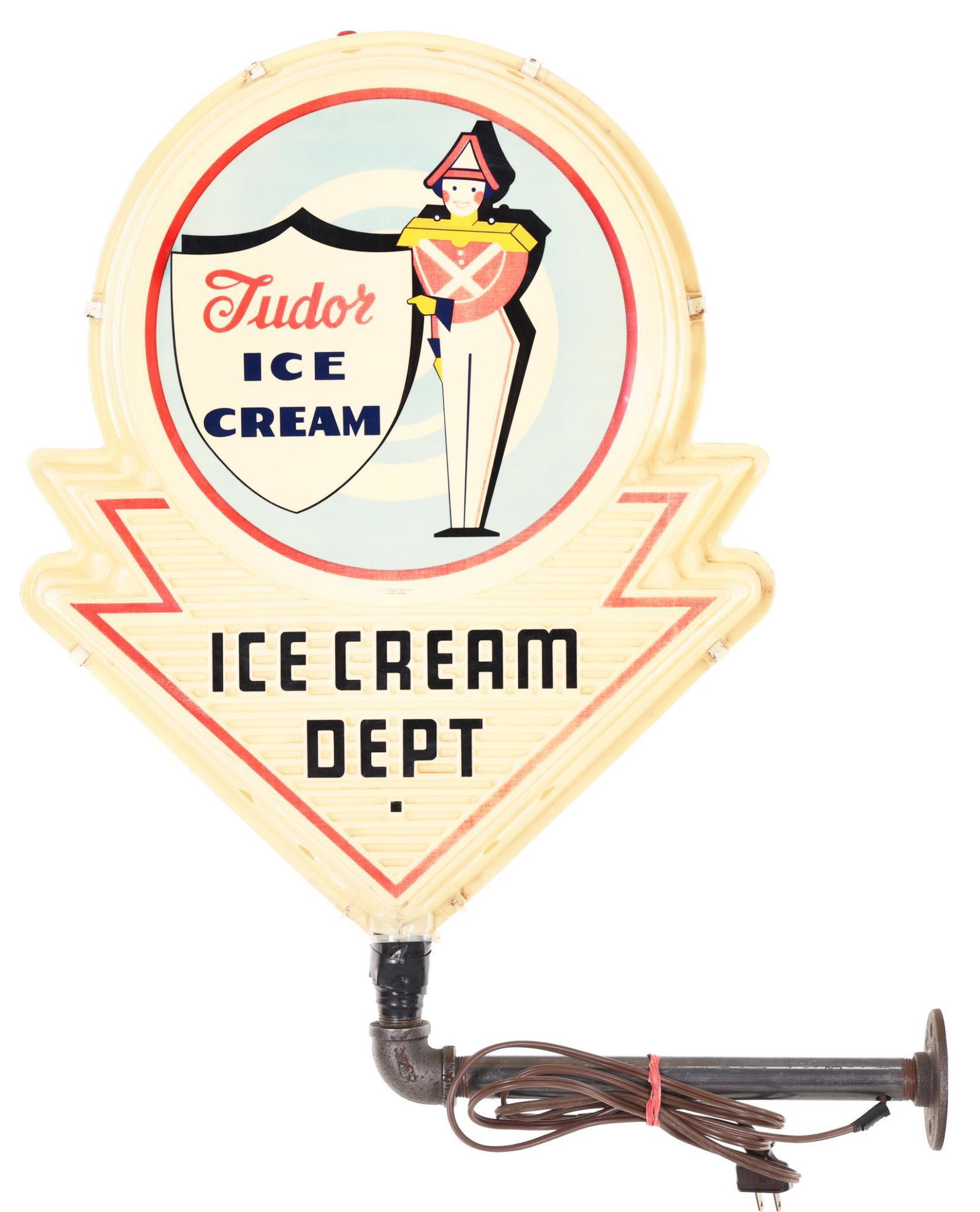 Tudor Ice Cream w/Logo Ice Cream Dept. Lighted Sign: Double-sided embossed plastic sign, in good condition, lights up, mounted on a piece of pipe, shows minor wear, 22"x18"x5", rated 9
