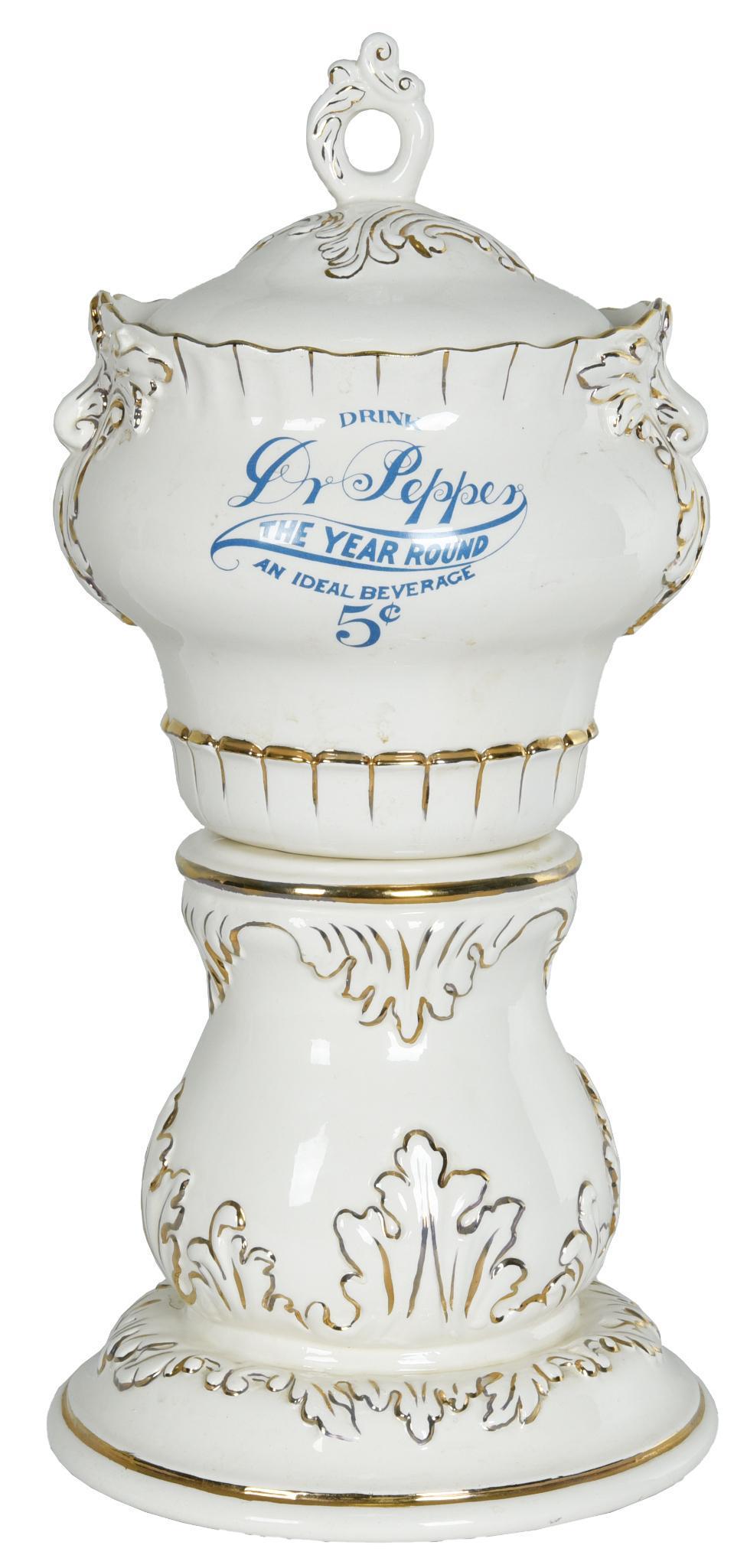 Reproduction Dr. Pepper Ceramic 2-Piece Dispenser: In very good condition, shows some wear, displays well, 19.5"T., rated 9