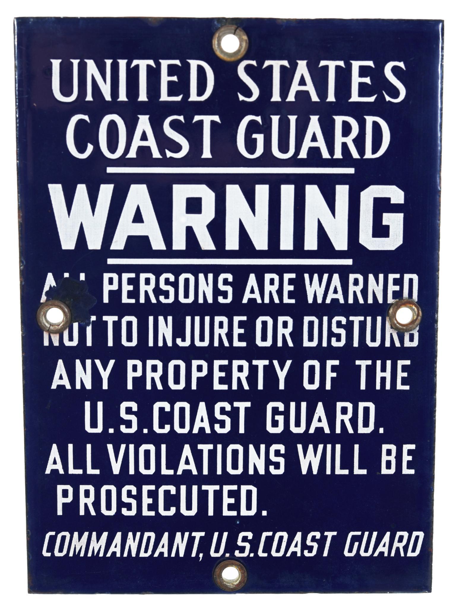 United States Coast Guard Warning Porcelain Sign: SSP sign, has excellent color and gloss, field is clean, small touched up chip at the left mounting hole, 7"x5", rated 9