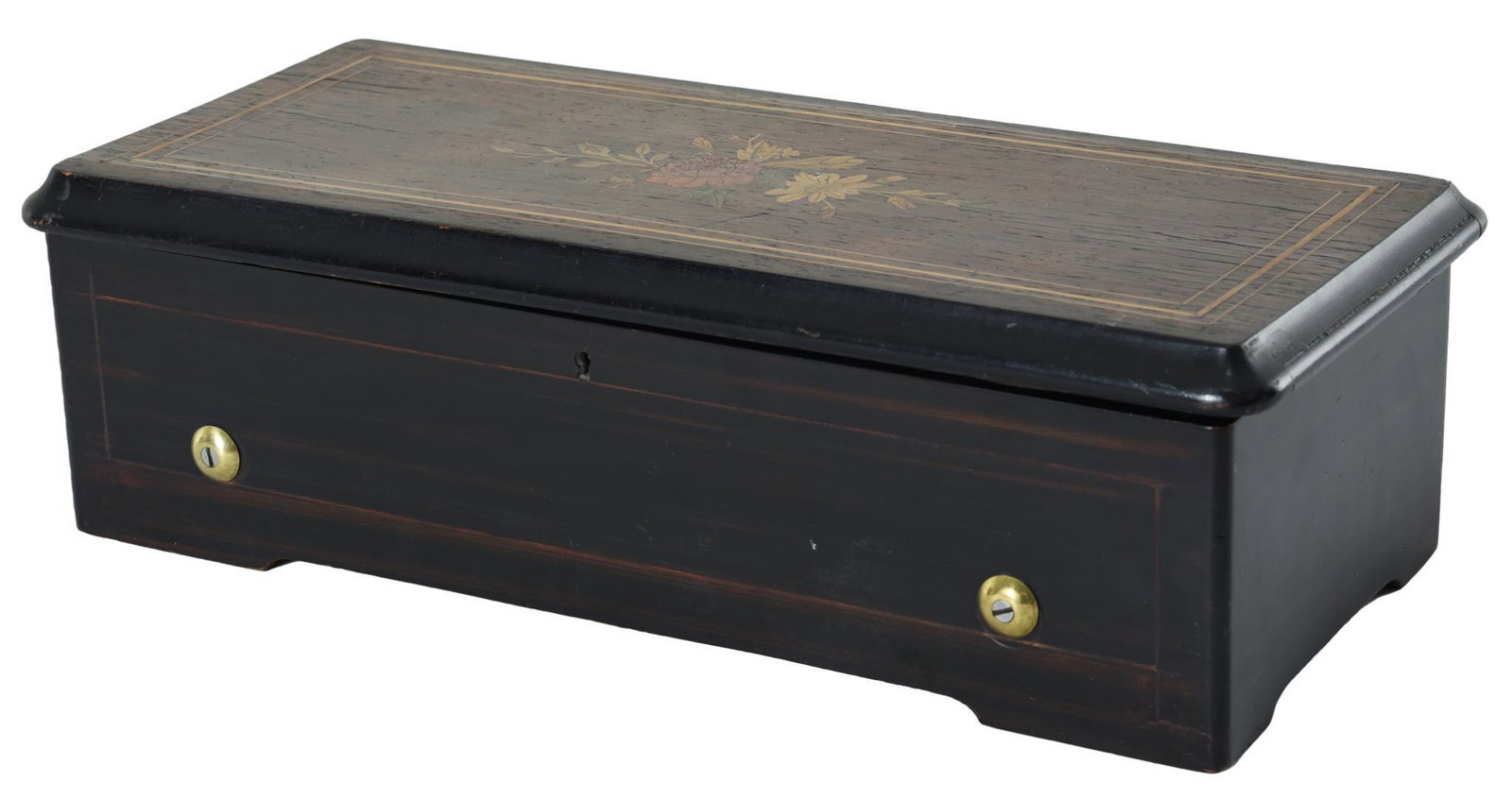 Swiss Music Box: Wood box is in good condition has flower design on lid, does work and sounds great, 6"x19"x8", rated 8