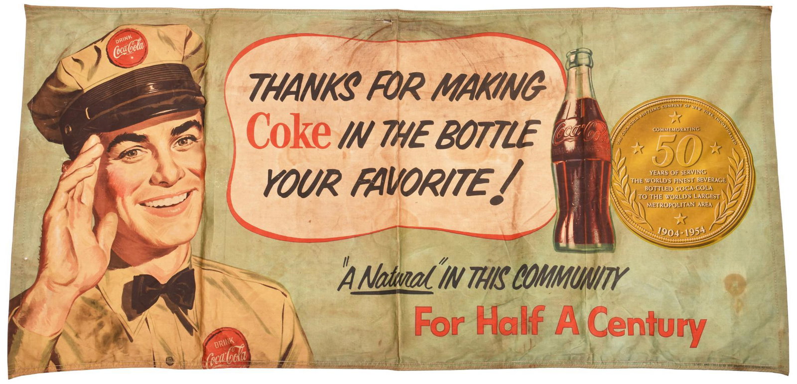 Coca-Cola 50th Year of Coke in A Bottle Banner: Banner, shows wear, is soiled, 34"x68", rated 7.5