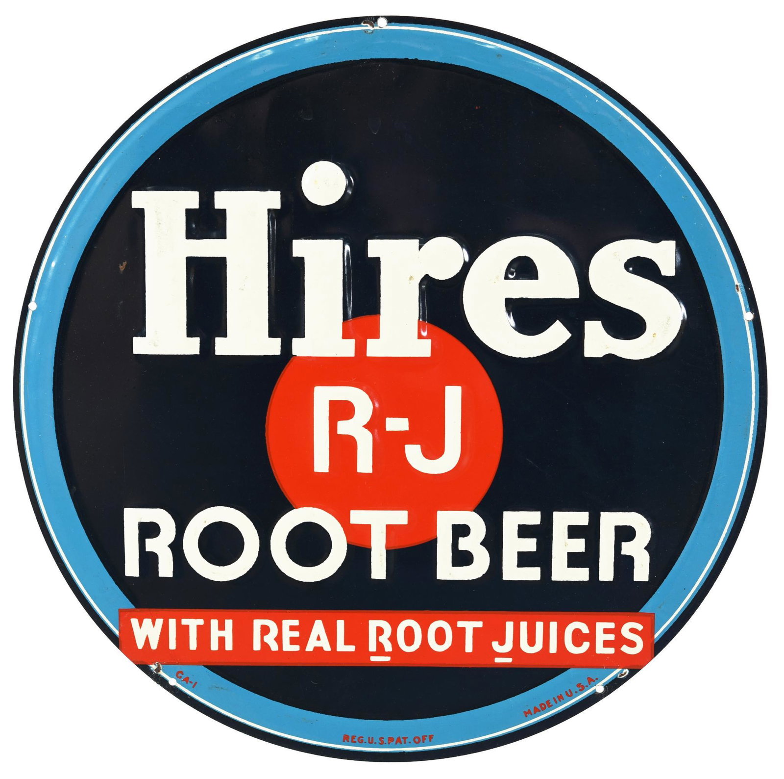 Hires R-J Root Beer Metal Sign: SST embossed sign, has excellent color and shine, very light paper marks and wear, 12"D., rated 9