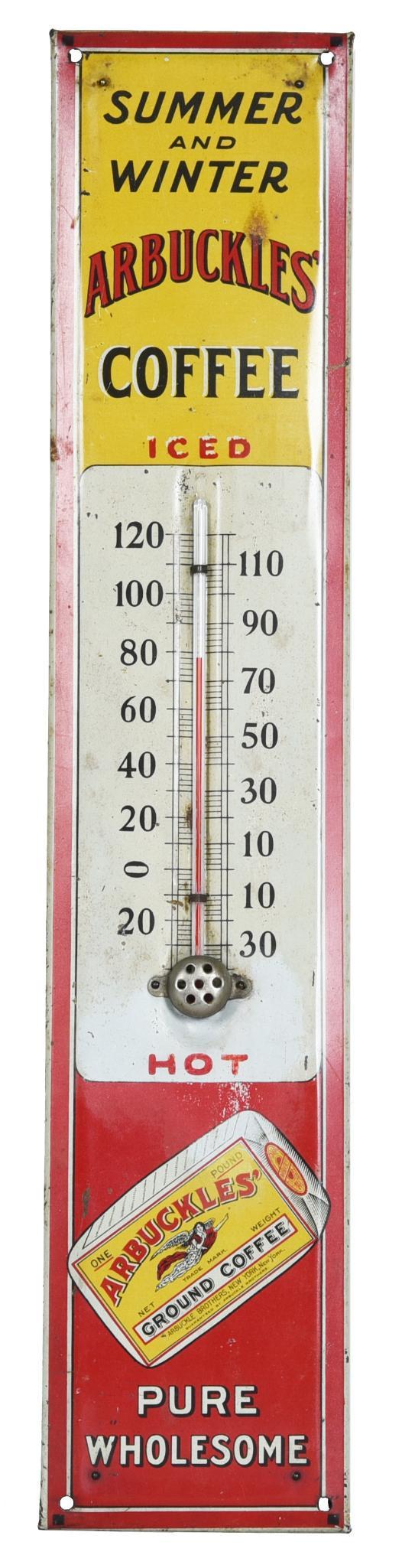 Arbuckle's Coffee "Summer and Winter" Metal Thermometer: Wood backed metal thermometer, has good color, shows some wear, tube is good, 19"x4", rated 8