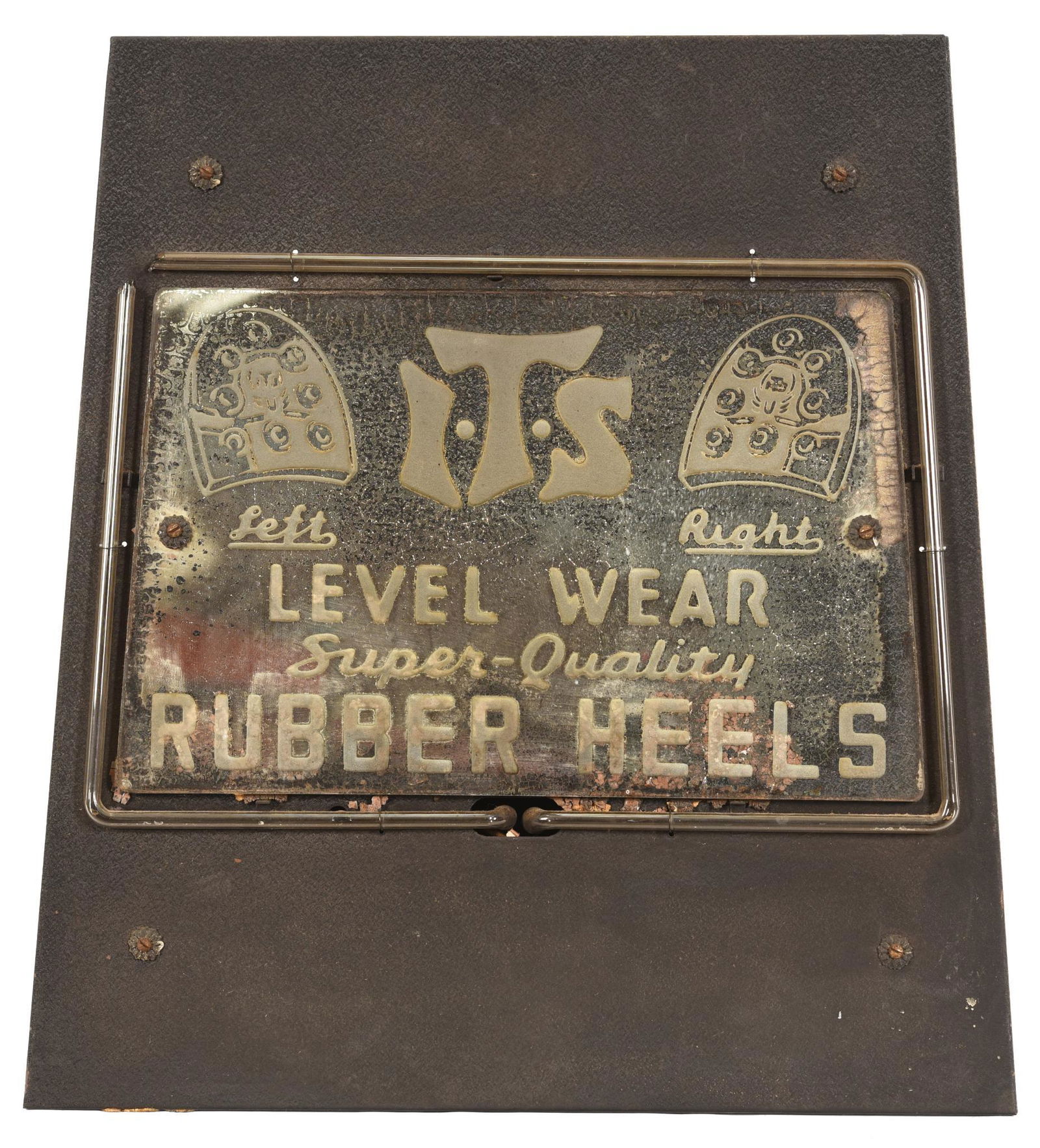 ITS Level Wear Rubber Heels Neon Counter Sign: Neon tube is broken, has silver loss to the mirror, has original cloth cord, displays well, 19"x18"x6", rated 7