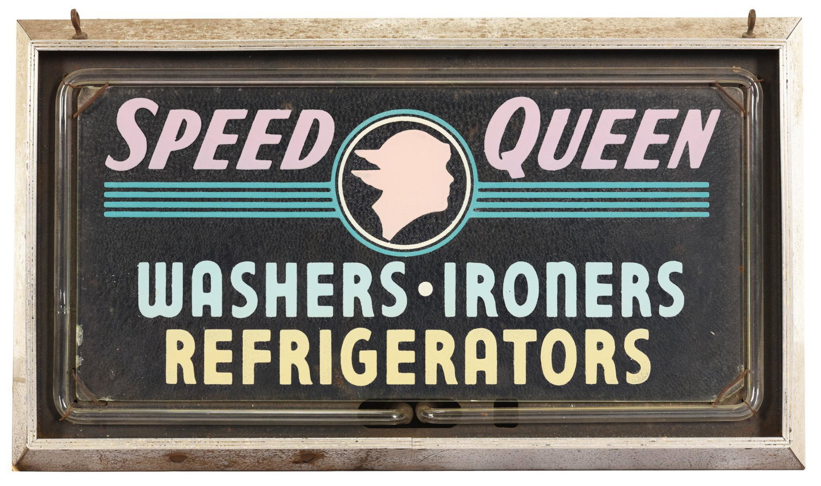 Speed Queen Washers, Ironers & Refrigerators Neon Sign: The front glass is in very good condition, neon works, the chrome case has rust and wear, 12"x21"x6", rated 7.75