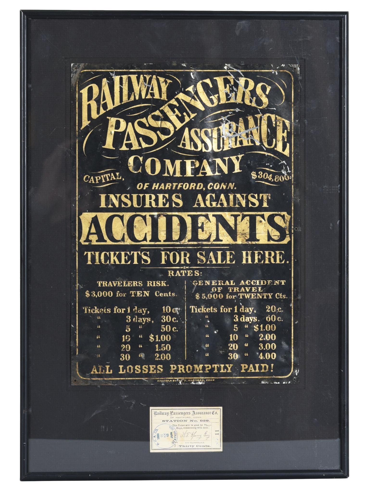 Railway Passengers Assurance Company "Tickets for Sale: SST sign, has good color, shows some wear, scratches and creases, has been professionally framed, marked at the bottom, 20"x14" overall, rated 6.9