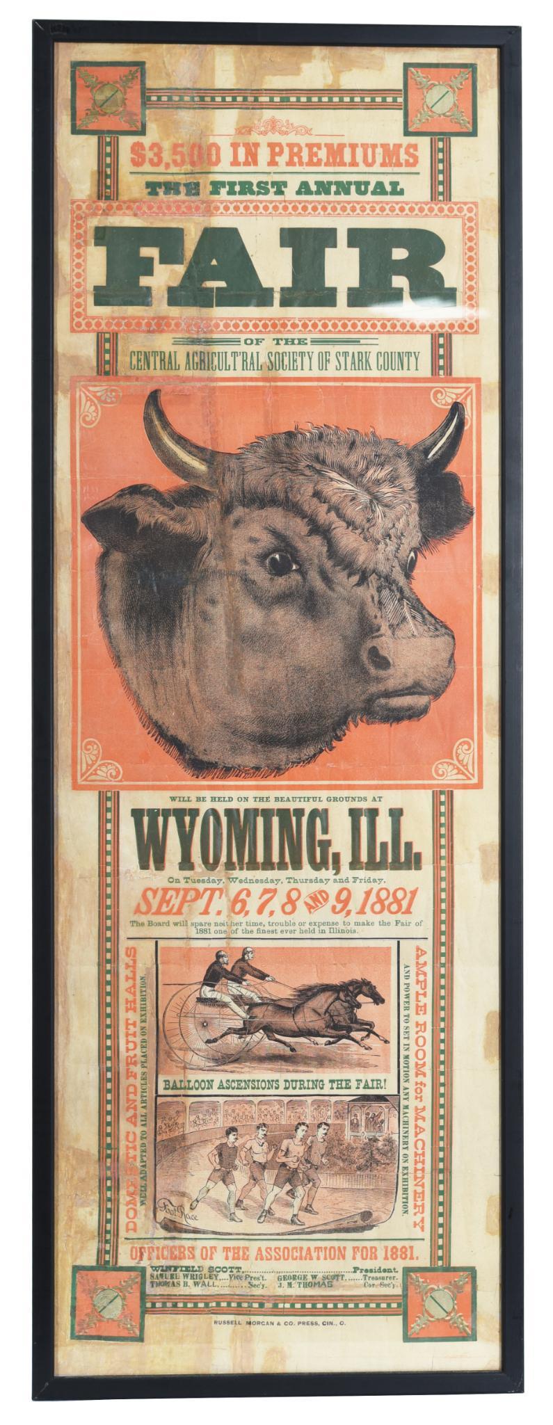 Fair Central Ag Society of Stark County Wyoming, Ill.: Single-sided paper vertical poster, has good color, has crease, touched up area,shows wear, has been framed, 43"x16", rated 6.75