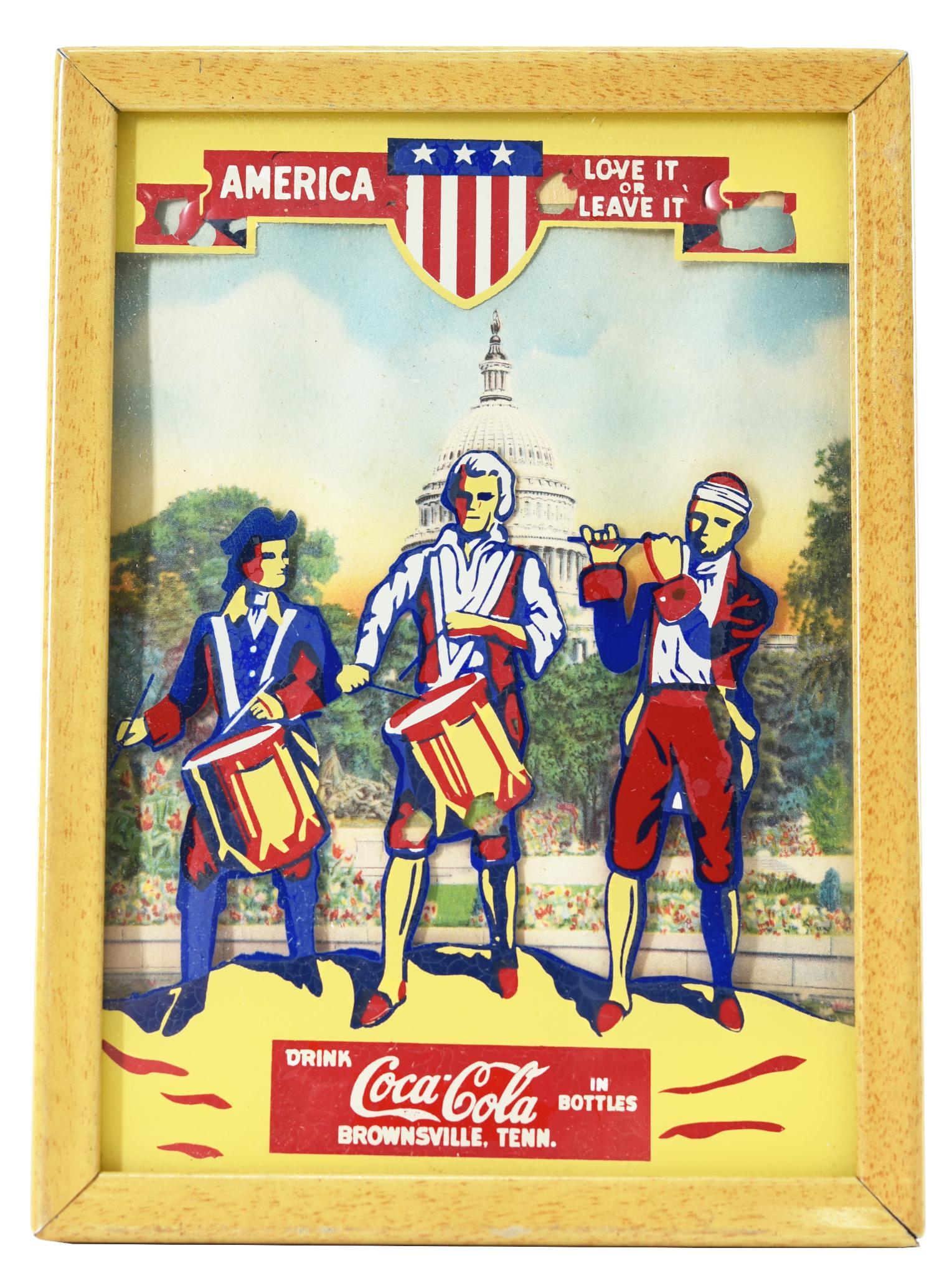 Coca-Cola "America Love it or Leave It" Sign NIB: Decal on glass, shadow box, has metal frame, minor damage and wear to the decal, 7"x5", rated 7.75,