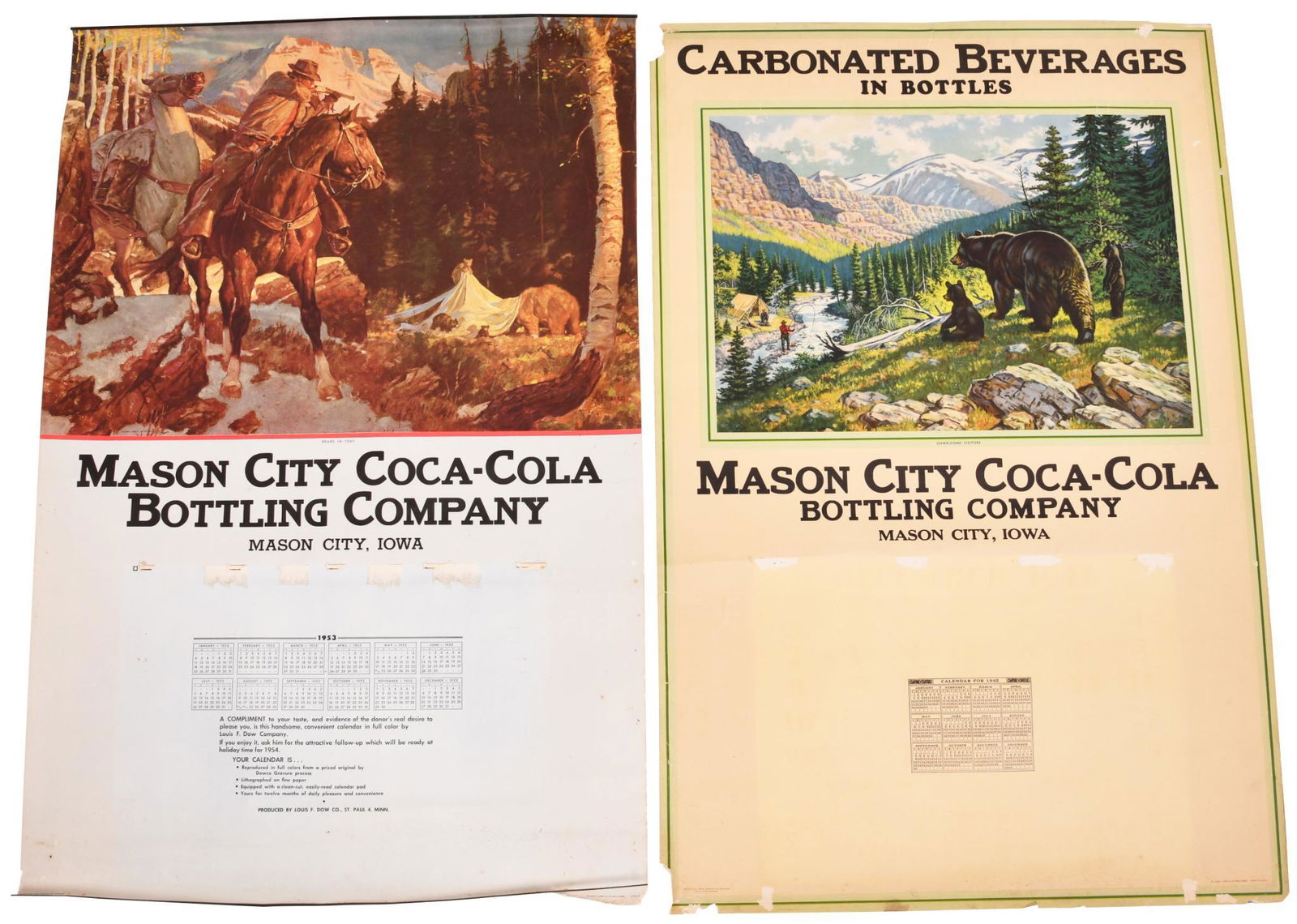 1945 & 1953 Coca-Cola Calendars Mason City,: Both calendars have an outdoors theme, neither have a pad, shows some wear, 42"x29" or less in size, rated 7