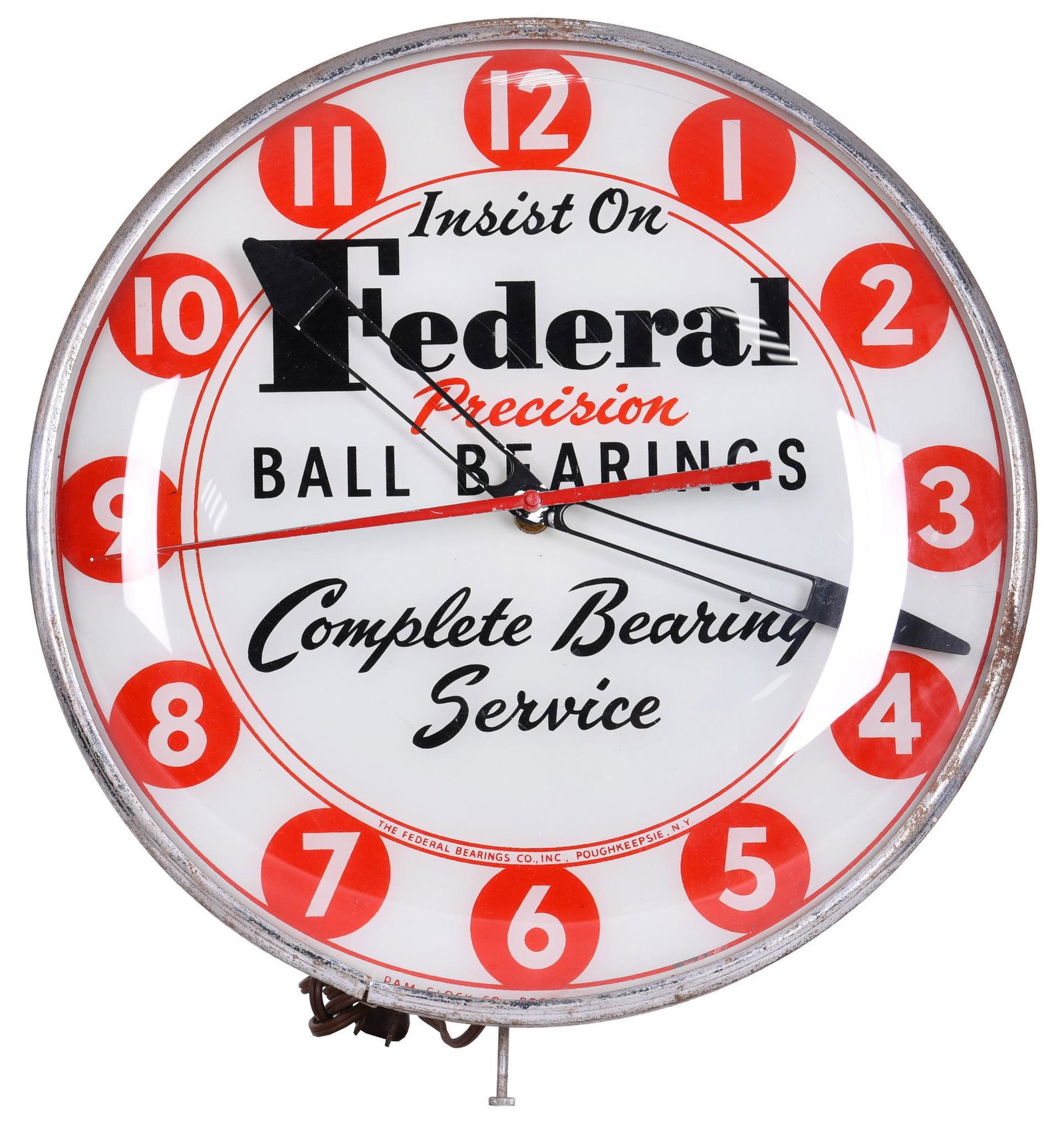 Federal Ball Bearings Lighted Clock: In good condition, lights up and works, age is unknown on this piece, shows some wear, 15"D., rated 9