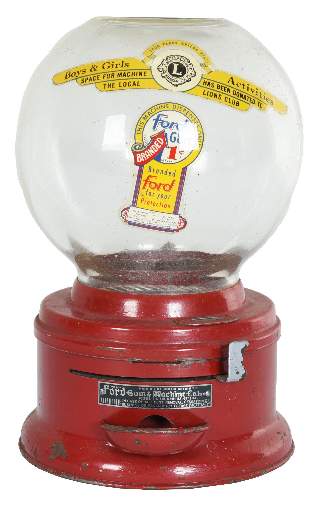 Ford Gum Ball Machine: Bottom has been repaired, displays well, working condition unknown, 11"T., rated 8