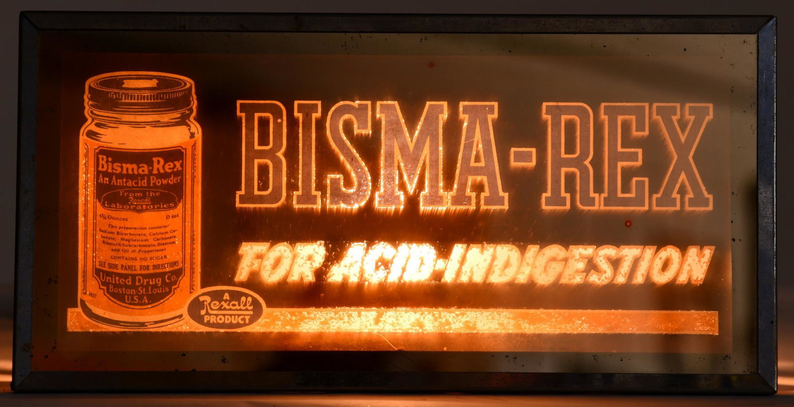 Bisma-Rex For Acid-Indigestion Light Sign: Glass face shows wear, lights up, cardboard can, displays well, 8"x16"x8", rated 6.5