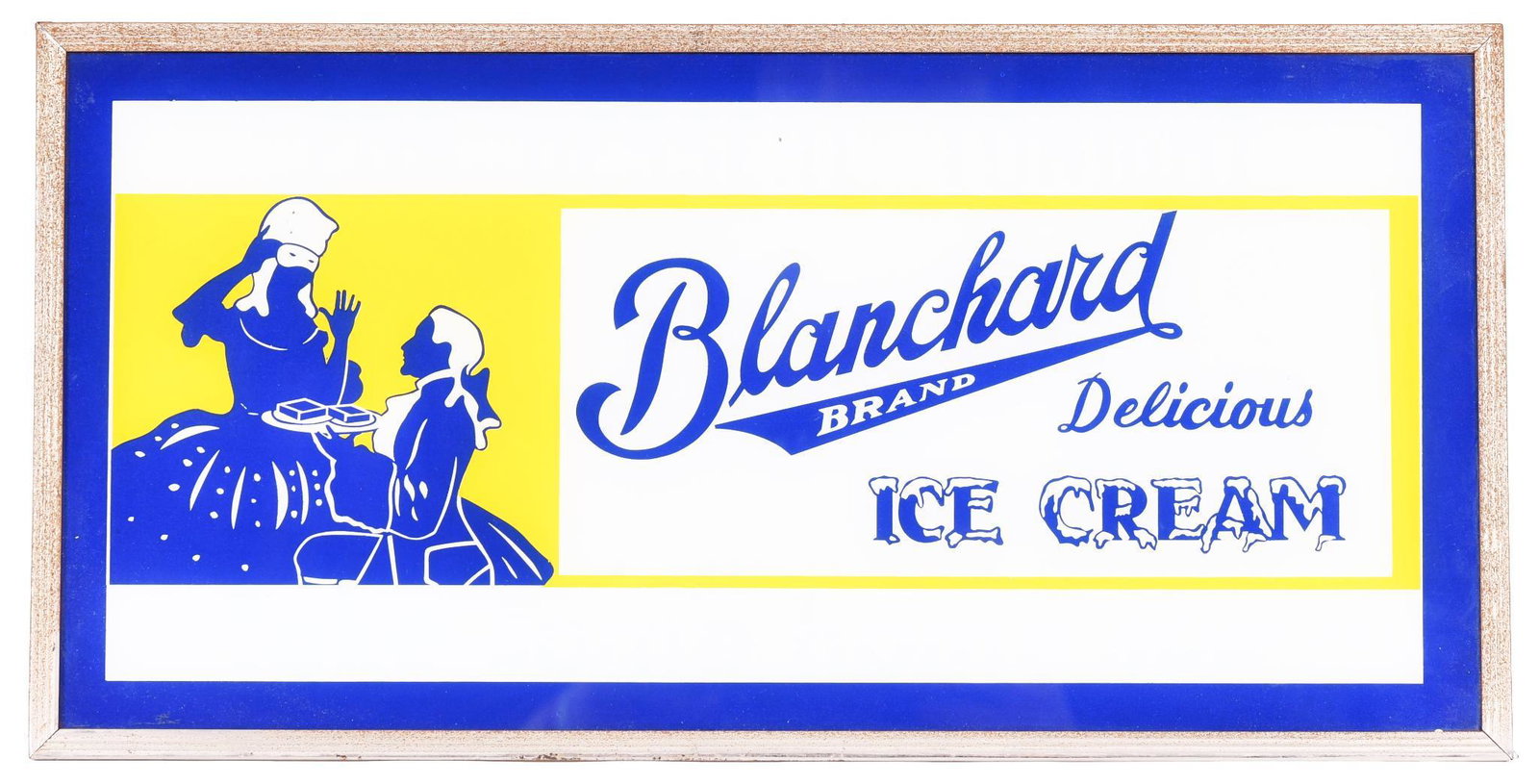 Blanchard Ice Cream w/Logo Lighted Sign: Glass face in excellent condition, has cardboard box, light works, shows some wear, displays well, 8"x16"x7", rated 8.5