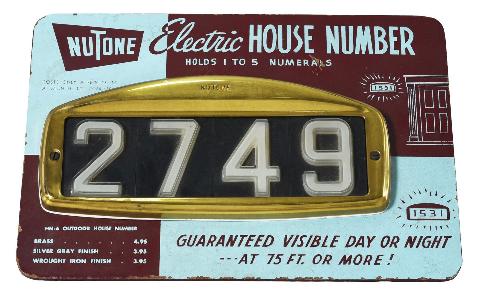 Electric House Numbers Counter-Top Display: Masonite back with brass encased plastic lighted number, shows some wear, displays well, 9"x13"x3", rated 8